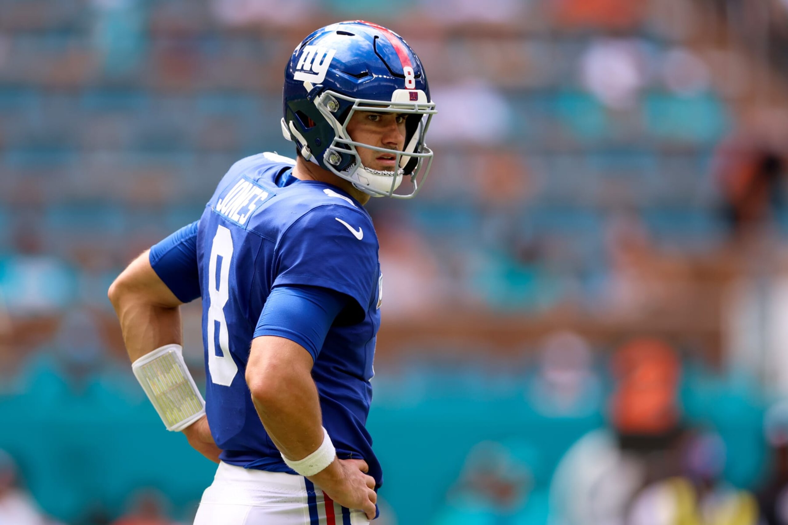 MIAMI GARDENS, FLORIDA - OCTOBER 08: Daniel Jones #8 of the New York Giants looks on during the first half of the game against the Miami Dolphins at Hard Rock Stadium on October 08, 2023 in Miami Gardens, Florida. (Photo by Megan Briggs/Getty Images)