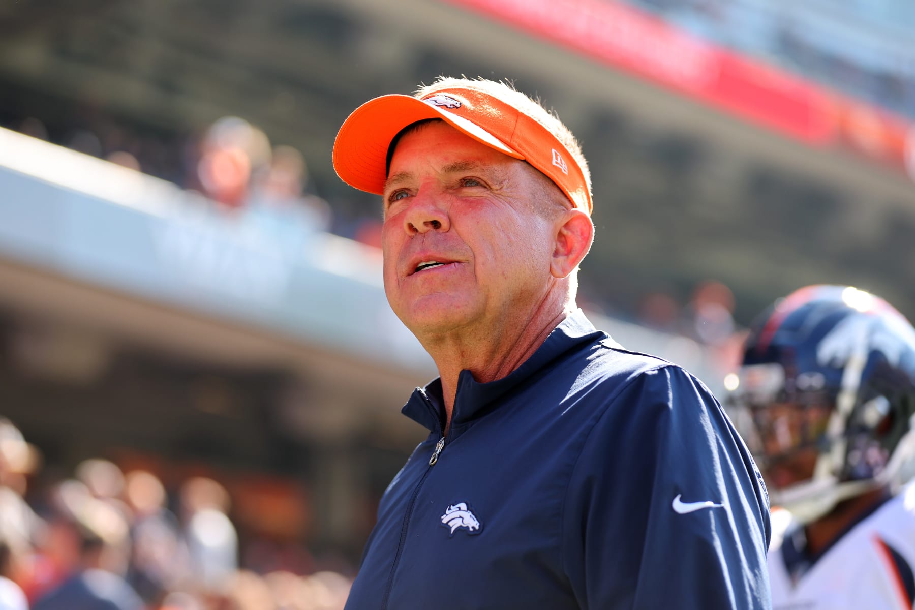 CHICAGO, ILLINOIS - OCTOBER 01: Head coach Sean Payton of the Denver Broncos walks on the field before the game against the Chicago Bears at Soldier Field on October 01, 2023 in Chicago, Illinois. (Photo by Michael Reaves/Getty Images)