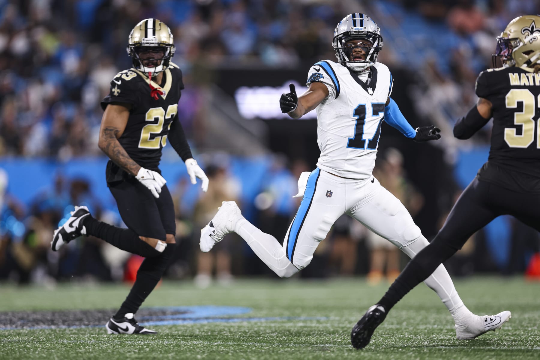 CHARLOTTE, NC - SEPTEMBER 18: DJ Chark Jr. #17 of the Carolina Panthers runs a route during an NFL football game against the New Orleans Saints at Bank of America Stadium on September 18, 2023 in Charlotte,  North Carolina. (Photo by Perry Knotts/Getty Images)