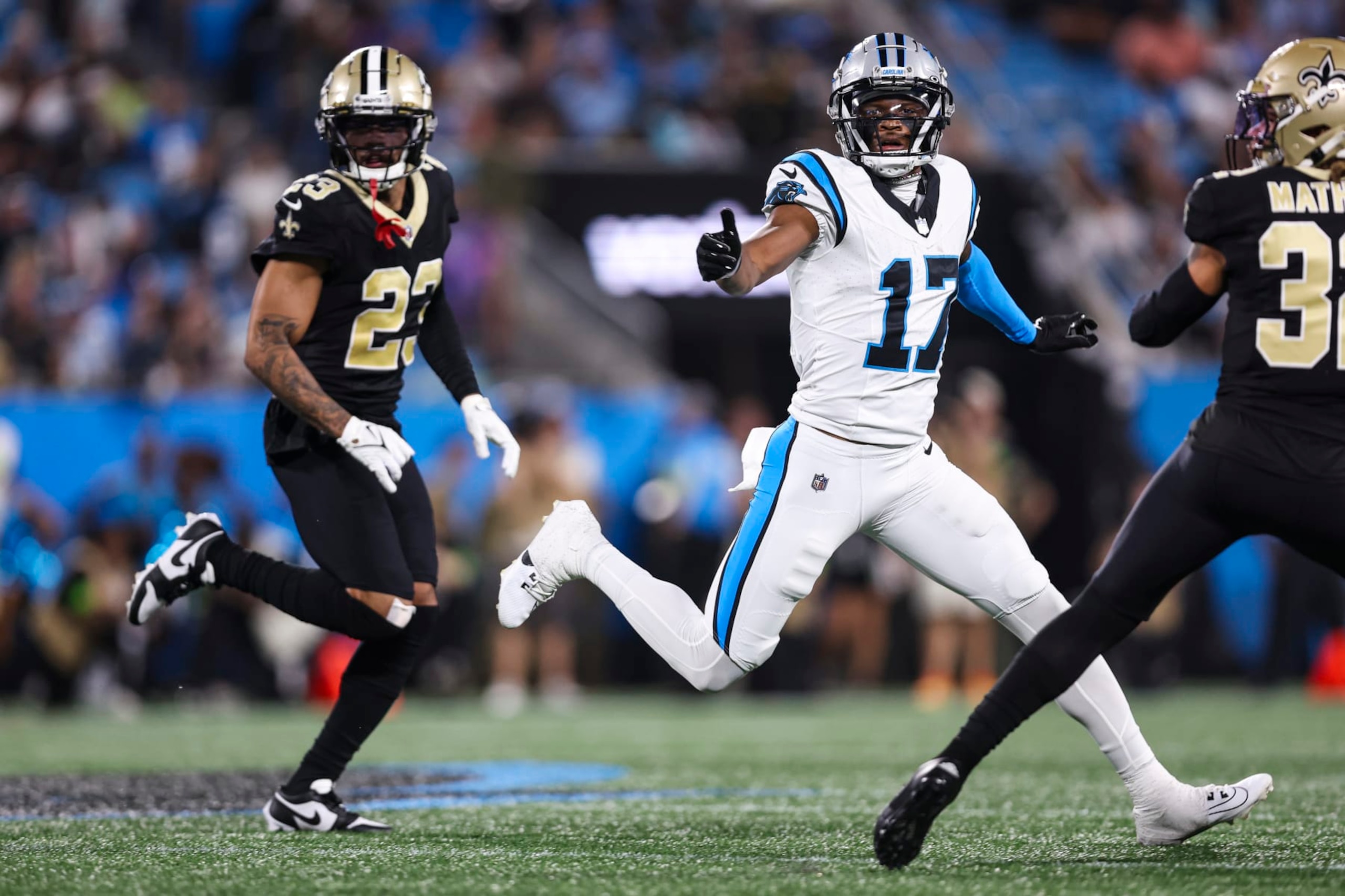 CHARLOTTE, NC - SEPTEMBER 18: DJ Chark Jr. #17 of the Carolina Panthers runs a route during an NFL football game against the New Orleans Saints at Bank of America Stadium on September 18, 2023 in Charlotte,  North Carolina. (Photo by Perry Knotts/Getty Images)