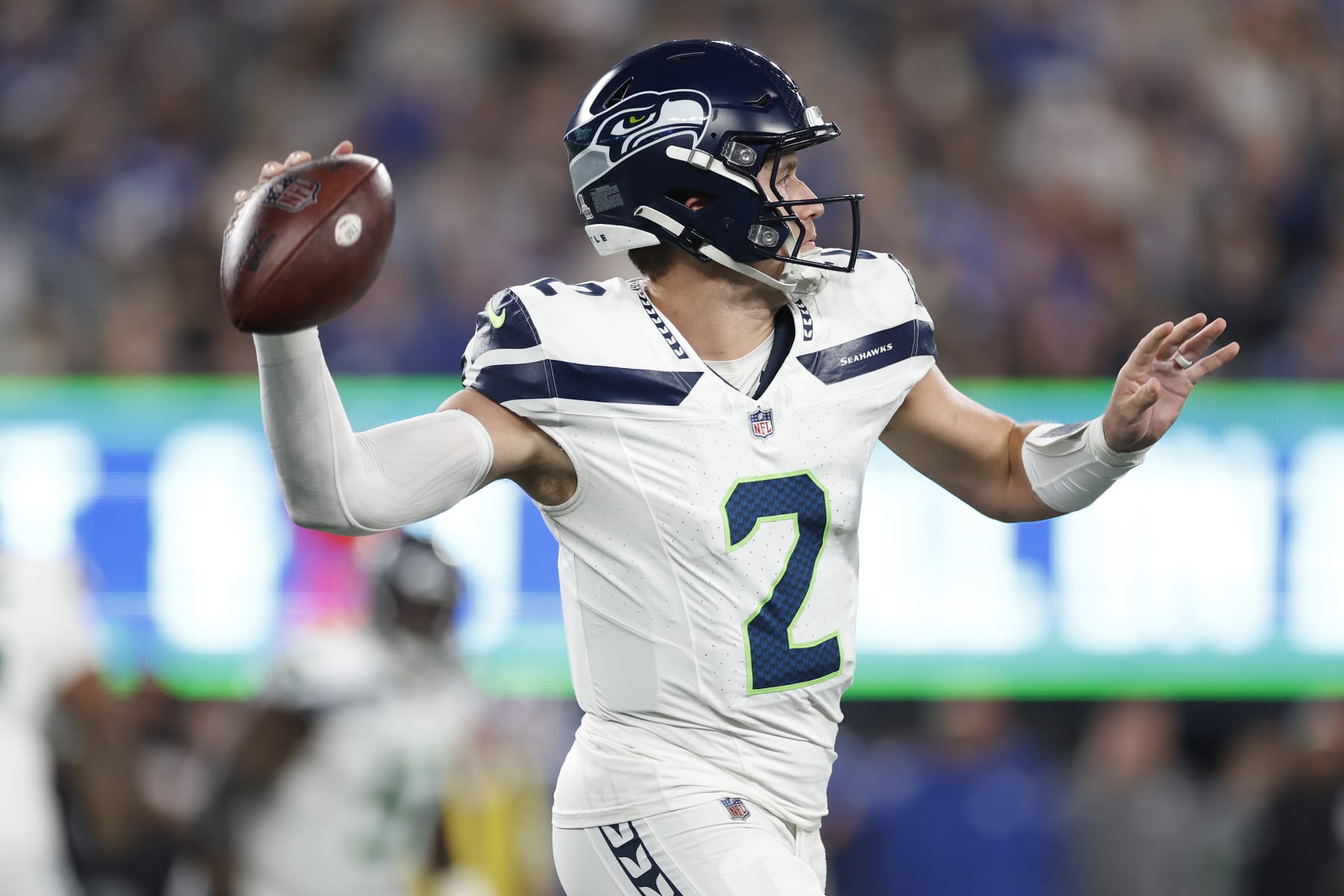 EAST RUTHERFORD, NEW JERSEY - OCTOBER 02: Drew Lock #2 of the Seattle Seahawks throws the ball during the second quarter against the New York Giants at MetLife Stadium on October 02, 2023 in East Rutherford, New Jersey. (Photo by Sarah Stier/Getty Images)