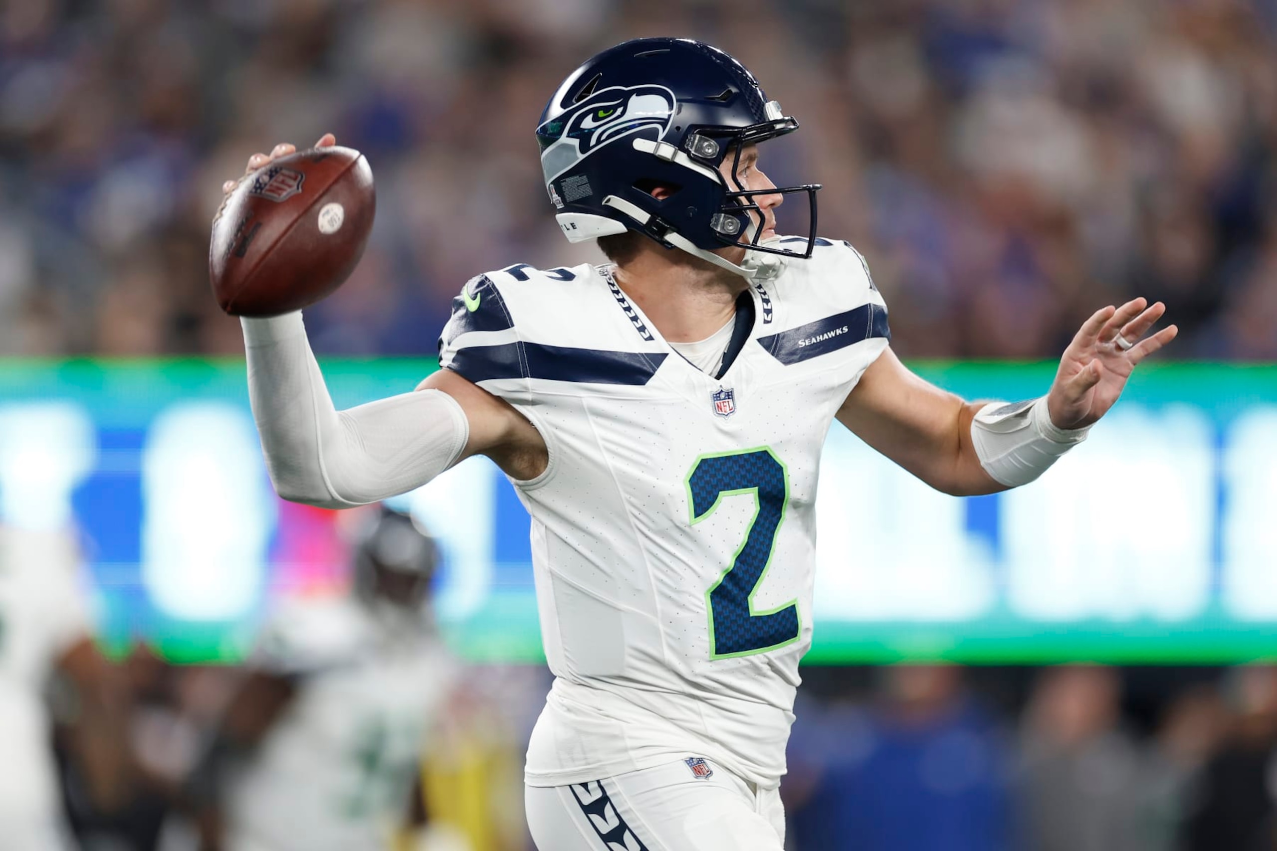 EAST RUTHERFORD, NEW JERSEY - OCTOBER 02: Drew Lock #2 of the Seattle Seahawks throws the ball during the second quarter against the New York Giants at MetLife Stadium on October 02, 2023 in East Rutherford, New Jersey. (Photo by Sarah Stier/Getty Images)