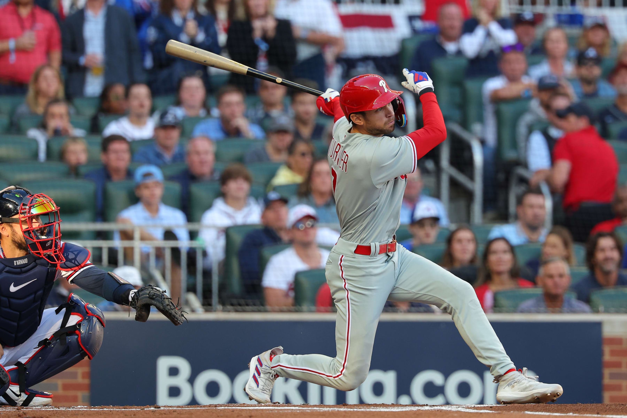 ATLANTA, GEORGIA - OCTOBER 09: Trea Turner #7 of the Philadelphia Phillies hits a double in the first inning against the Atlanta Braves during Game Two of the Division Series at Truist Park on October 09, 2023 in Atlanta, Georgia. (Photo by Kevin C. Cox/Getty Images)