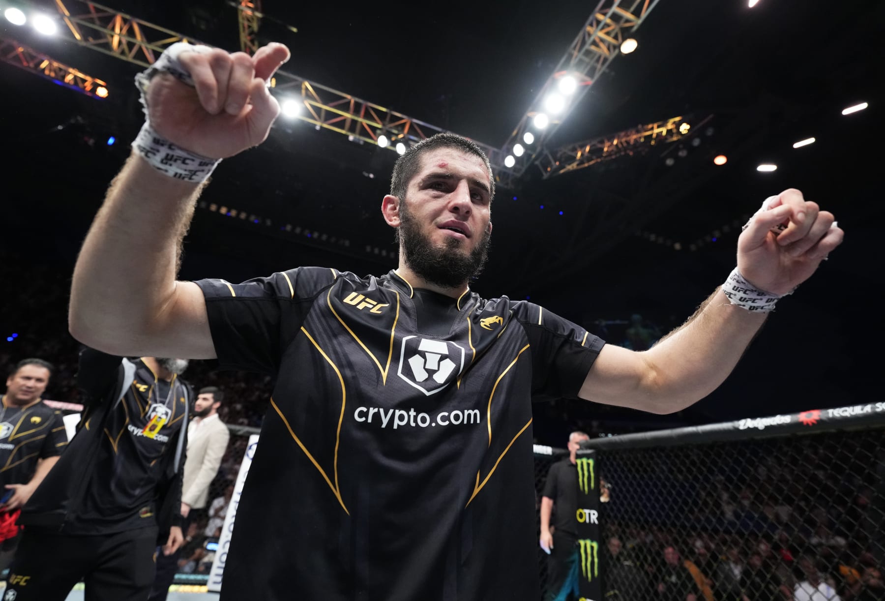 PERTH, AUSTRALIA - FEBRUARY 12: Islam Makhachev of Russia reacts after his victory over Alexander Volkanovski of Australia in the UFC lightweight championship fight during the UFC 284 event at RAC Arena on February 12, 2023 in Perth, Australia. (Photo by Chris Unger/Zuffa LLC via Getty Images)