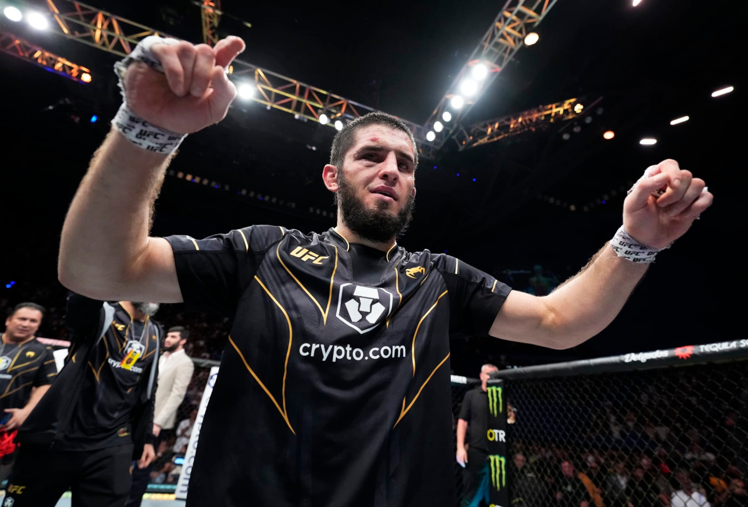 PERTH, AUSTRALIA - FEBRUARY 12: Islam Makhachev of Russia reacts after his victory over Alexander Volkanovski of Australia in the UFC lightweight championship fight during the UFC 284 event at RAC Arena on February 12, 2023 in Perth, Australia. (Photo by Chris Unger/Zuffa LLC via Getty Images)