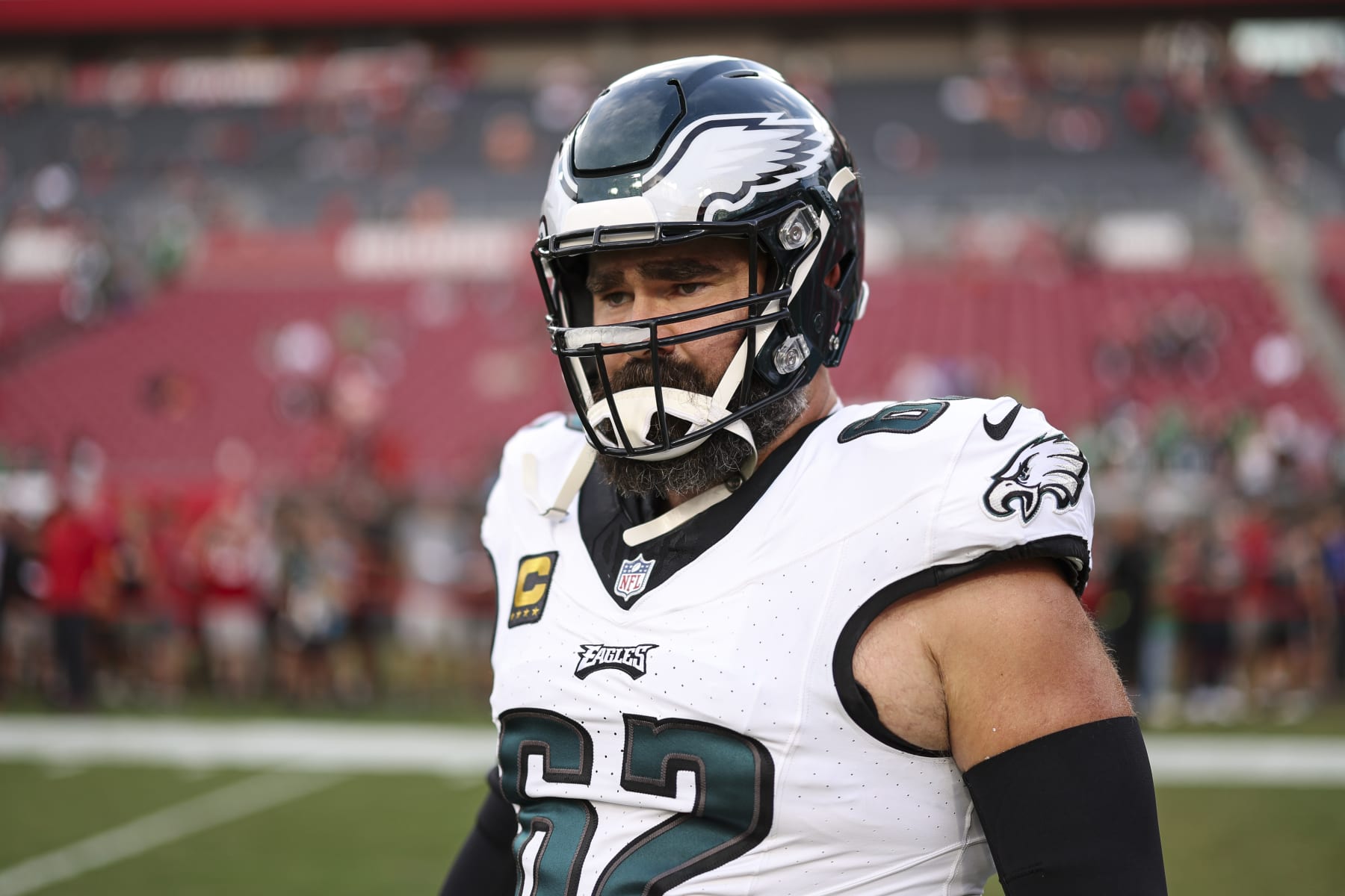 TAMPA, FL - SEPTEMBER 25: Jason Kelce #62 of the Philadelphia Eagles warms up prior to an NFL football game against the Tampa Bay Buccaneers at Raymond James Stadium on September 25, 2023 in Tampa, Florida. (Photo by Perry Knotts/Getty Images)