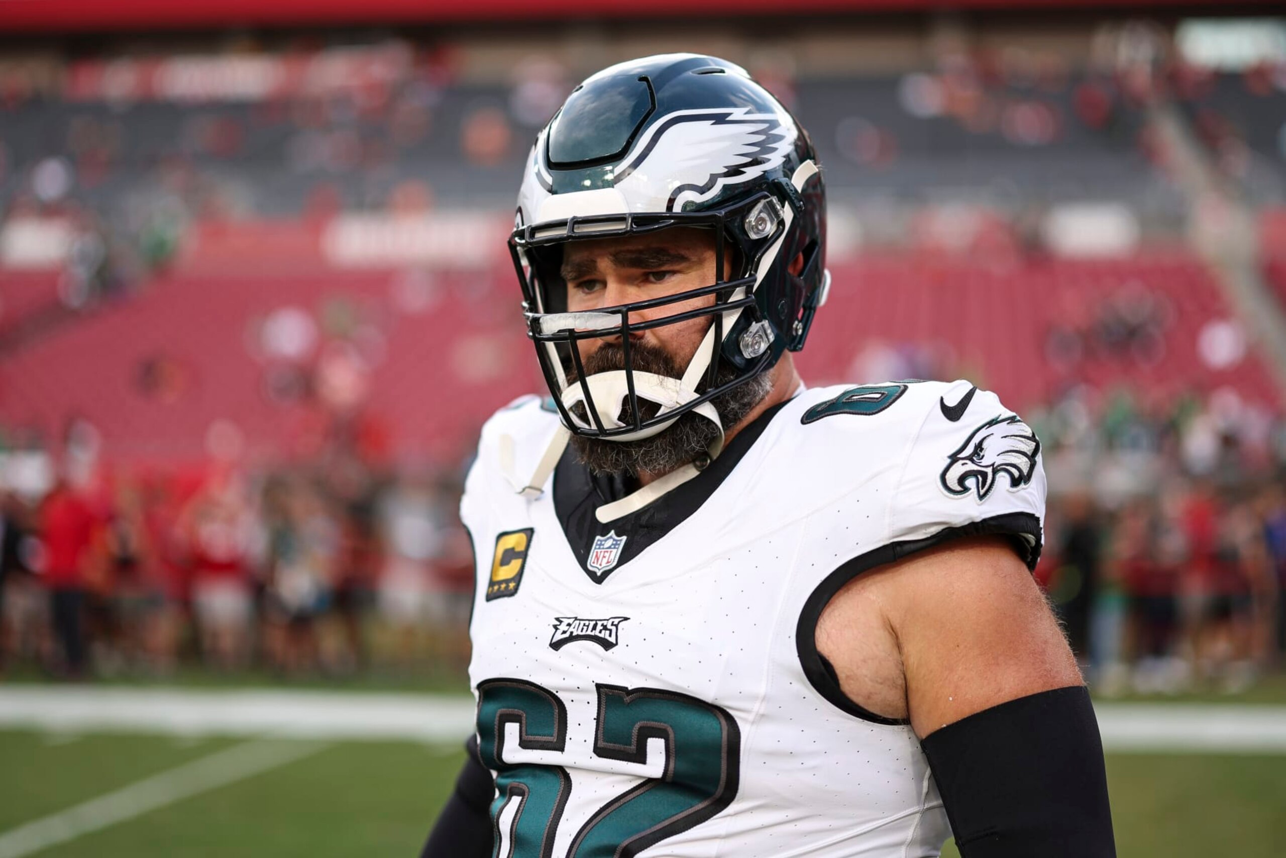 TAMPA, FL - SEPTEMBER 25: Jason Kelce #62 of the Philadelphia Eagles warms up prior to an NFL football game against the Tampa Bay Buccaneers at Raymond James Stadium on September 25, 2023 in Tampa, Florida. (Photo by Perry Knotts/Getty Images)