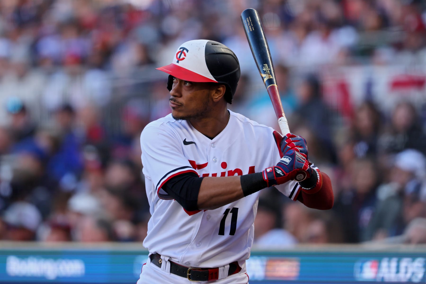 MINNEAPOLIS, MINNESOTA - OCTOBER 10: Jorge Polanco #11 of the Minnesota Twins bats in the fifth inning against the Houston Astros during Game Three of the Division Series at Target Field on October 10, 2023 in Minneapolis, Minnesota. (Photo by Adam Bettcher/Getty Images)