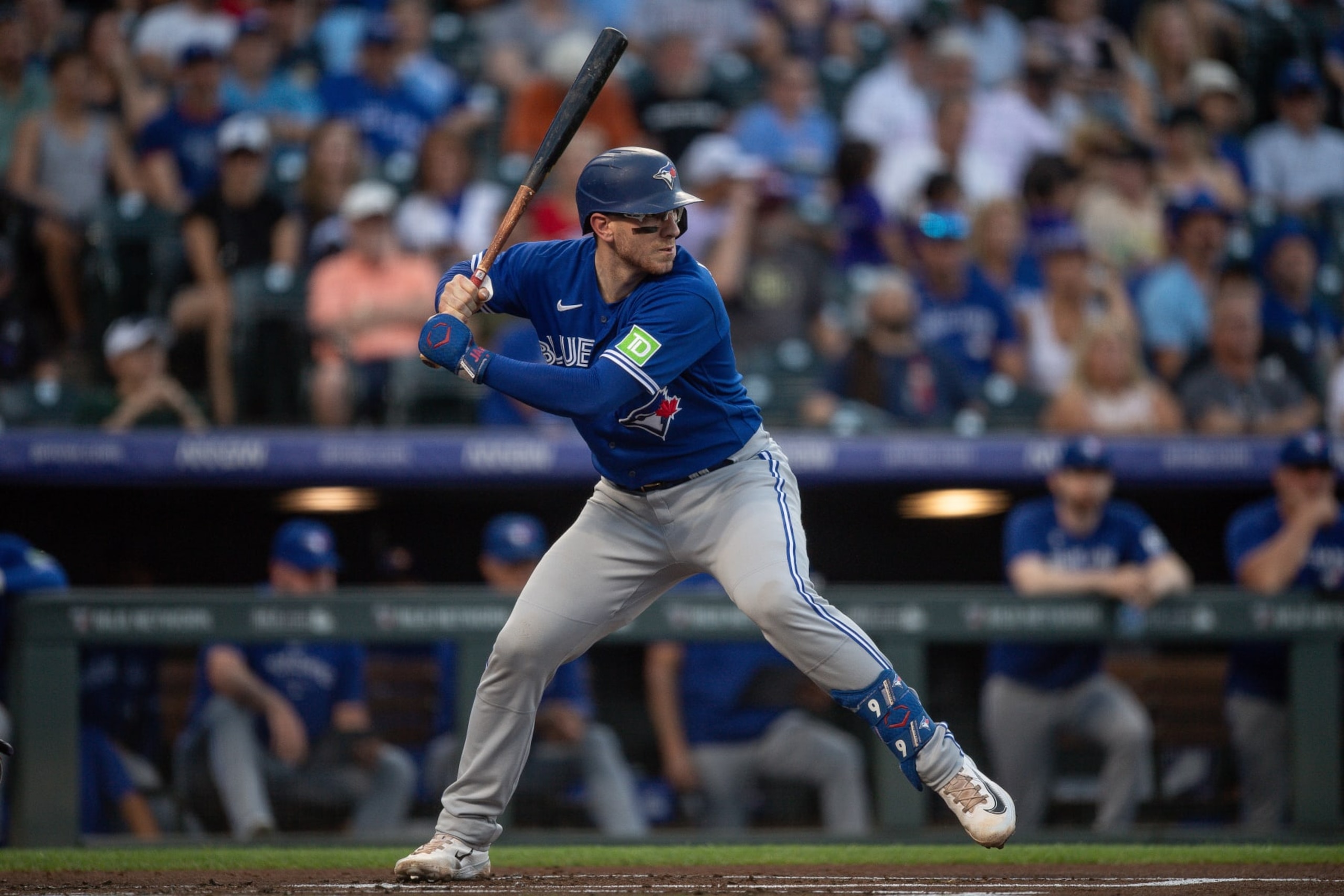 DENVER, CO - SEPTEMBER 1: Danny Jansen #9 of the Toronto Blue Jays bats against the Colorado Rockies in the second inning at Coors Field on September 1, 2023 in Denver, Colorado. (Photo by Dustin Bradford/Getty Images)