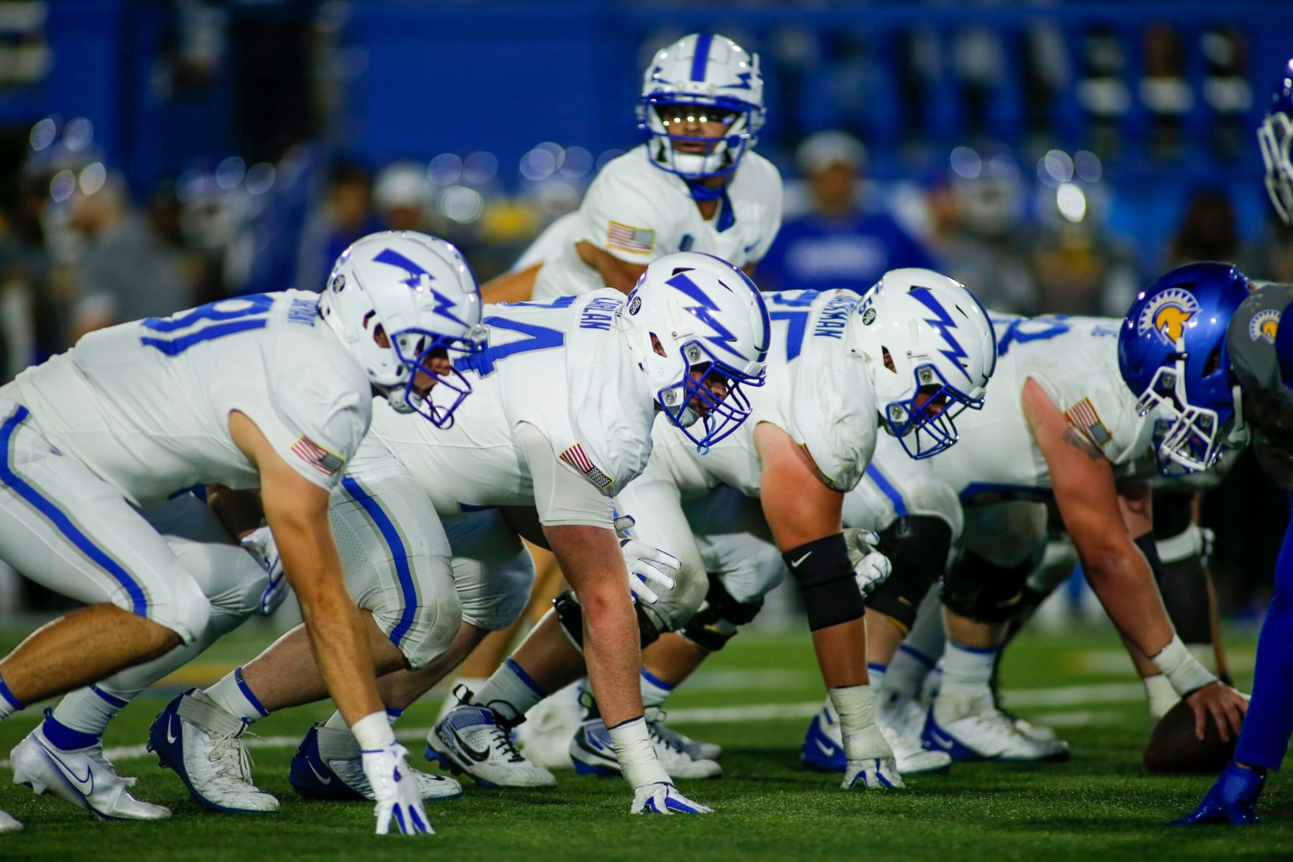 SAN JOSE, CA - SEPTEMBER 22: The Air Force offensive line waits for the snap in the game between the Air Force Falcons and the San Jose State Spartans on September 22, 2023, at CEFCU Stadium in San Jose, CA. (Photo by Larry Placido/Icon Sportswire via Getty Images)