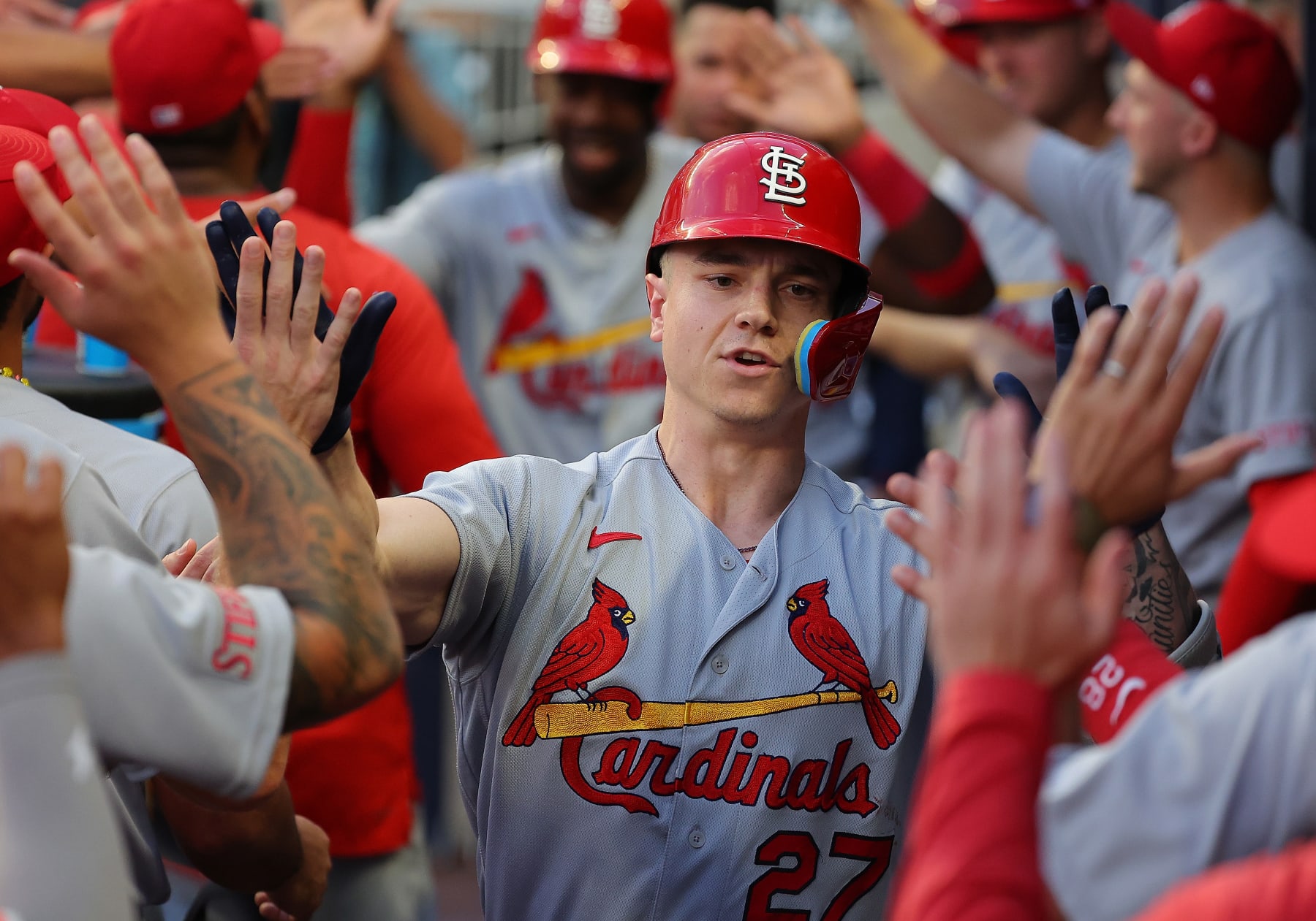 ATLANTA, GEORGIA - SEPTEMBER 05:  Tyler O'Neill #27 of the St. Louis Cardinals reacts after hitting a two-run homer in the second inning against the Atlanta Braves at Truist Park on September 05, 2023 in Atlanta, Georgia. (Photo by Kevin C. Cox/Getty Images)