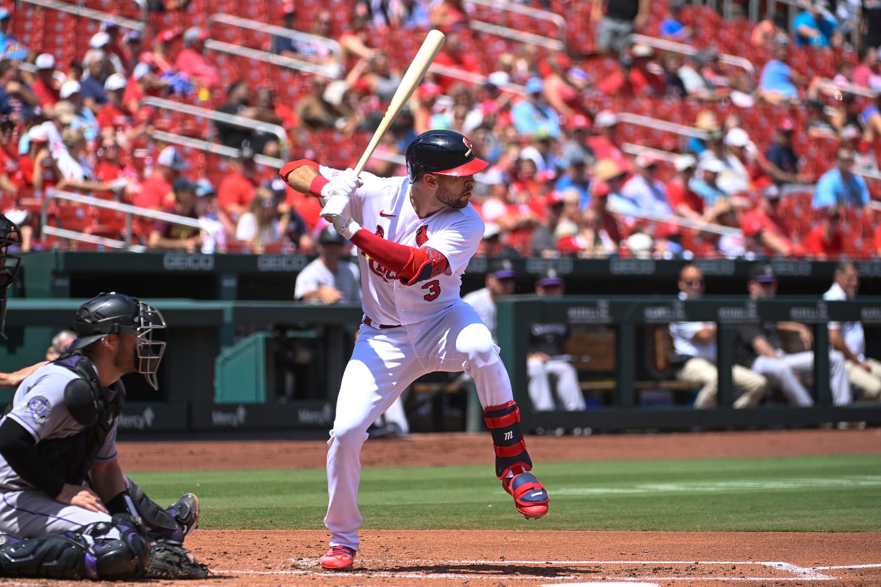 ST LOUIS, MISSOURI - AUGUST 6: Dylan Carlson #3 of the St. Louis Cardinals at bat against the Colorado Rockies at Busch Stadium on August 6, 2023 in St Louis, Missouri. (Photo by Joe Puetz/Getty Images)