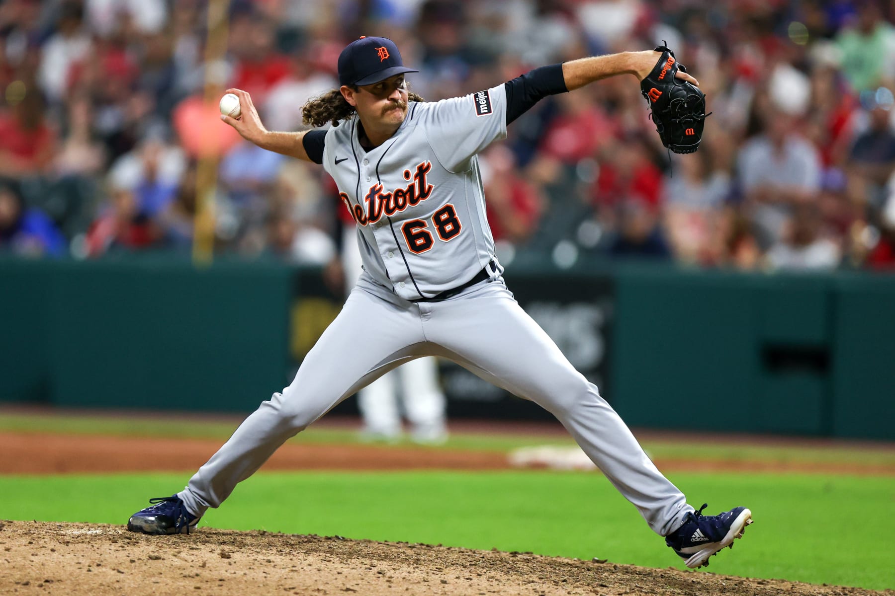 CLEVELAND, OH - AUGUST 19: Detroit Tigers relief pitcher Jason Foley (68) delivers a pitch to the plate during the ninth inning of he Major League Baseball game between the Detroit Tigers and Cleveland Guardians on August 19, 2023, at Progressive Field in Cleveland, OH. (Photo by Frank Jansky/Icon Sportswire via Getty Images)