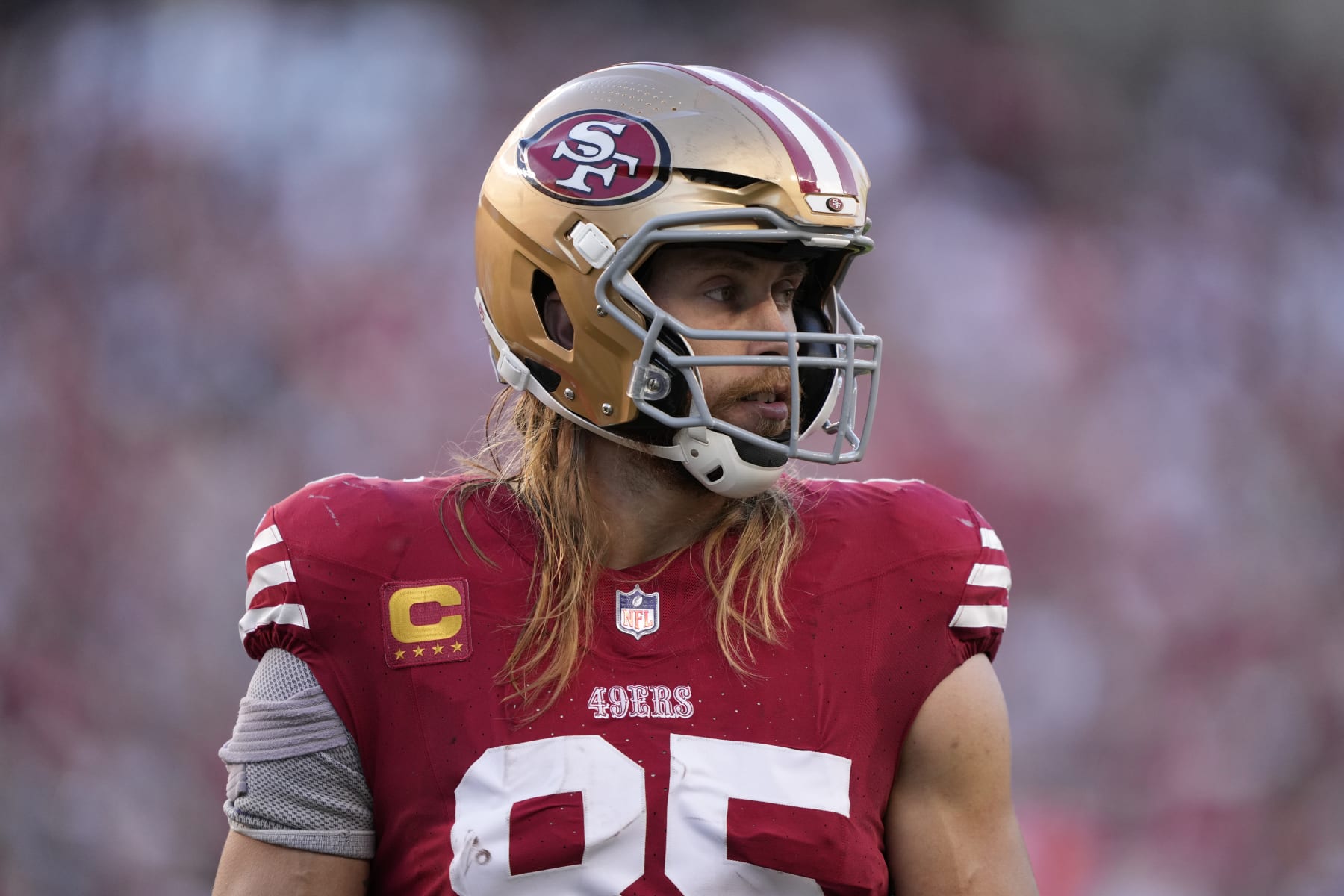 SANTA CLARA, CALIFORNIA - OCTOBER 08: George Kittle #85 of the San Francisco 49ers looks on during the first quarter against the Dallas Cowboys at Levi's Stadium on October 08, 2023 in Santa Clara, California. (Photo by Thearon W. Henderson/Getty Images)