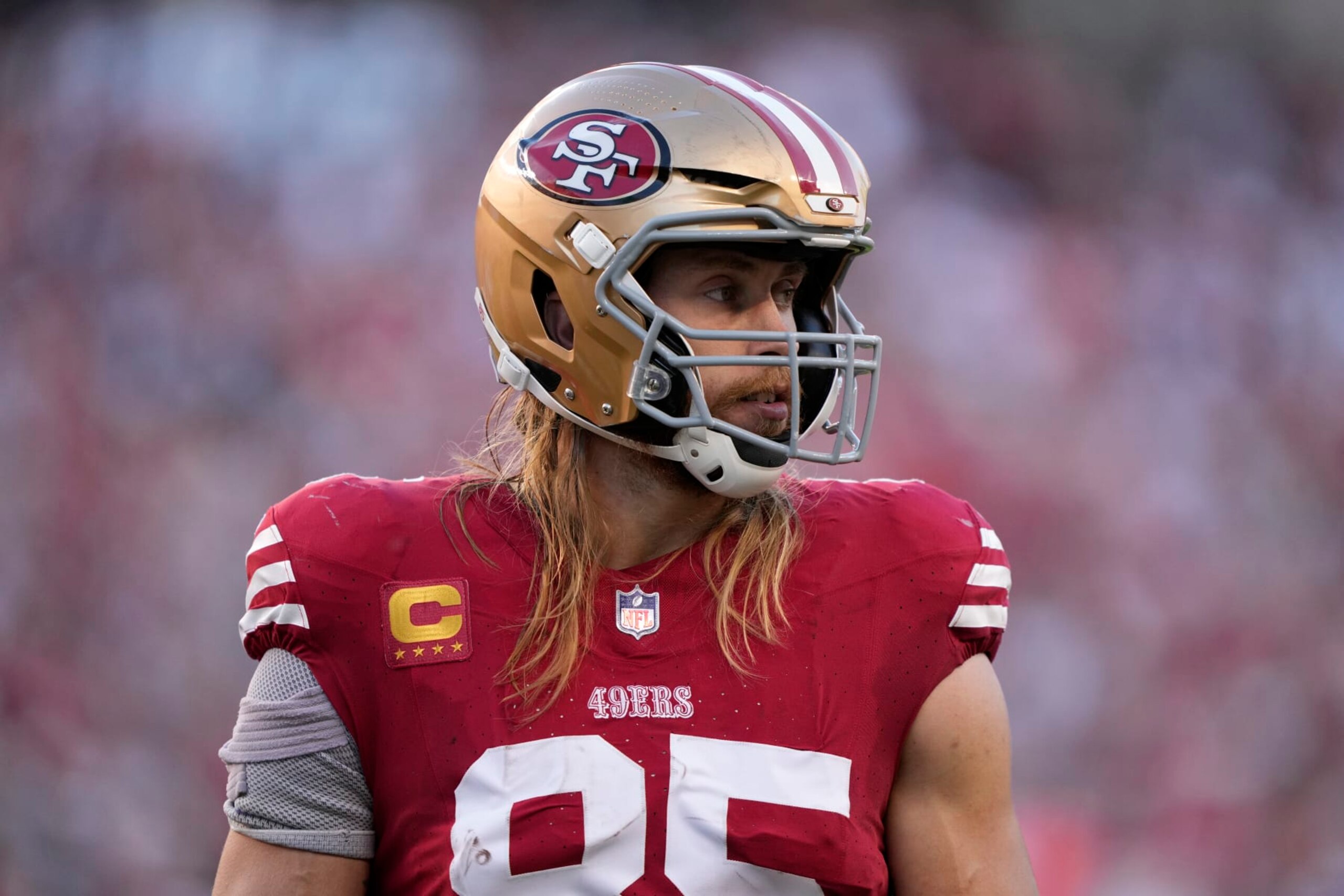 SANTA CLARA, CALIFORNIA - OCTOBER 08: George Kittle #85 of the San Francisco 49ers looks on during the first quarter against the Dallas Cowboys at Levi's Stadium on October 08, 2023 in Santa Clara, California. (Photo by Thearon W. Henderson/Getty Images)