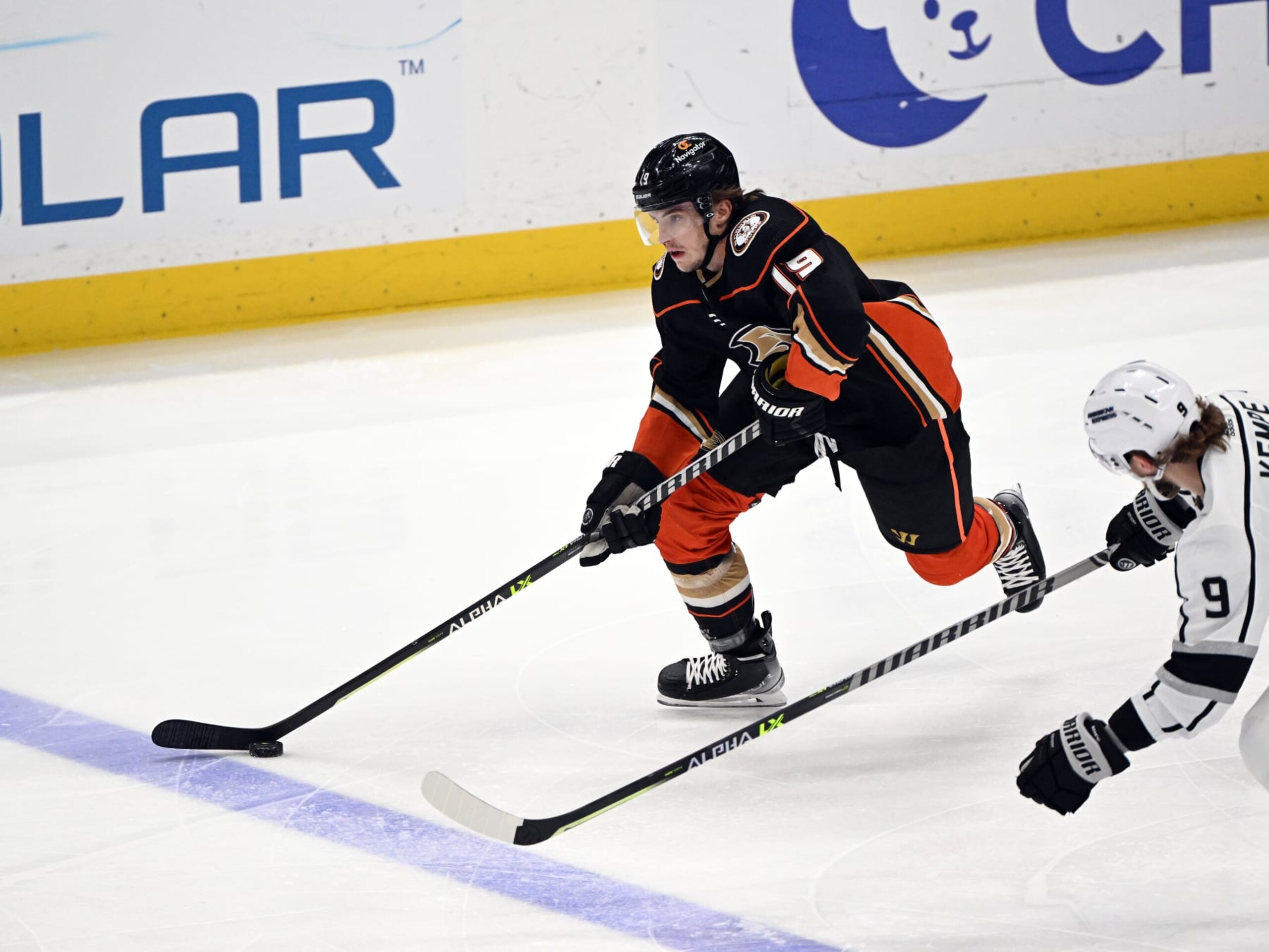 ANAHEIM, CA - APRIL 13: Anaheim Ducks right wing Troy Terry (19) with the puck during an NHL hockey game against the Los Angeles Kings played on April 13, 2023 at the Honda Center in Anaheim, CA. (Photo by John Cordes/Icon Sportswire via Getty Images)