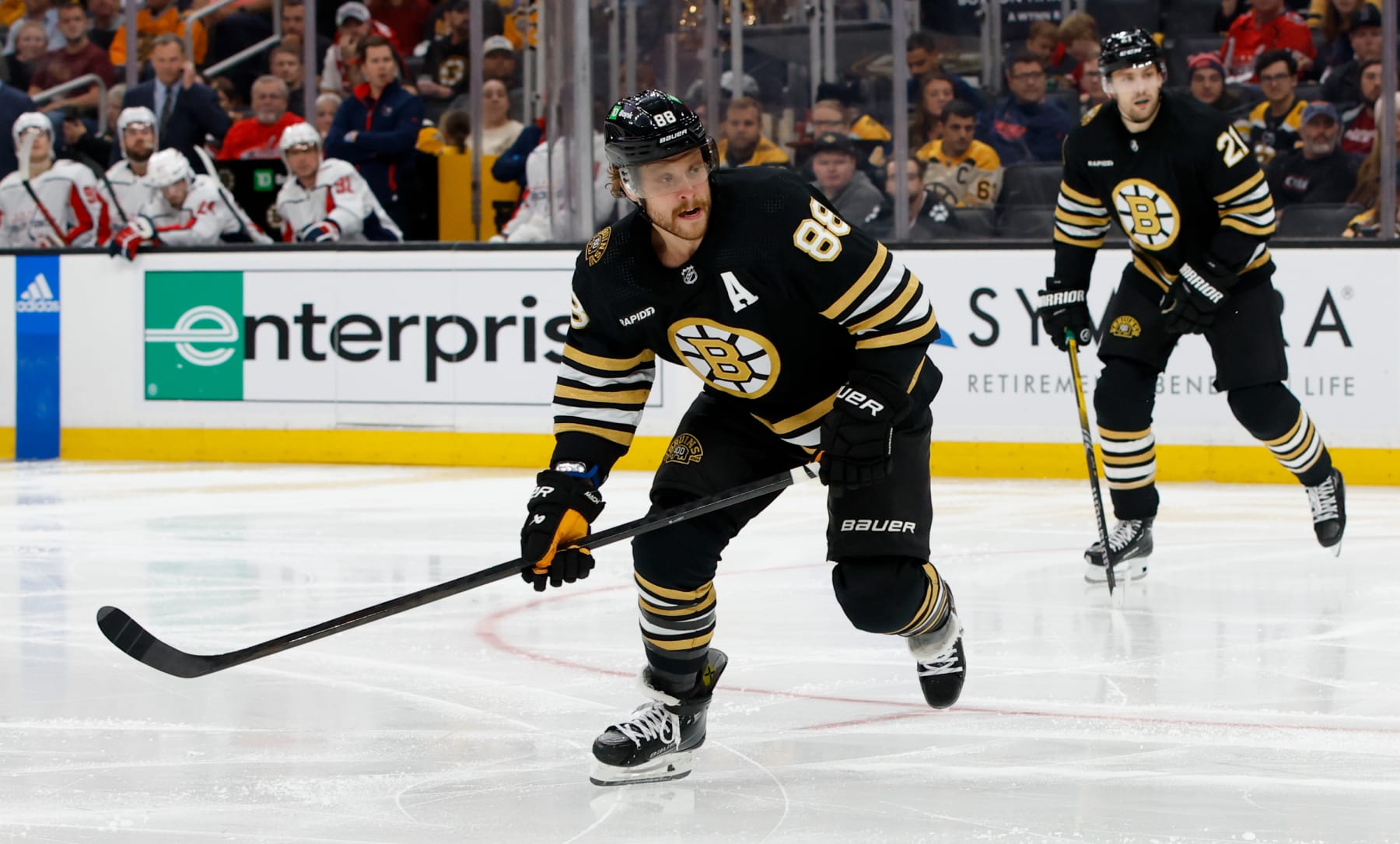 BOSTON, MASSACHUSETTS - OCTOBER 3: David Pastrnak #88 of the Boston Bruins skates against the Washington Capitals during the second period of a preseason game at the TD Garden on October 3, 2023 in Boston, Massachusetts. The Capitals won 5-4 in overtime. (Photo by Richard T Gagnon/Getty Images)