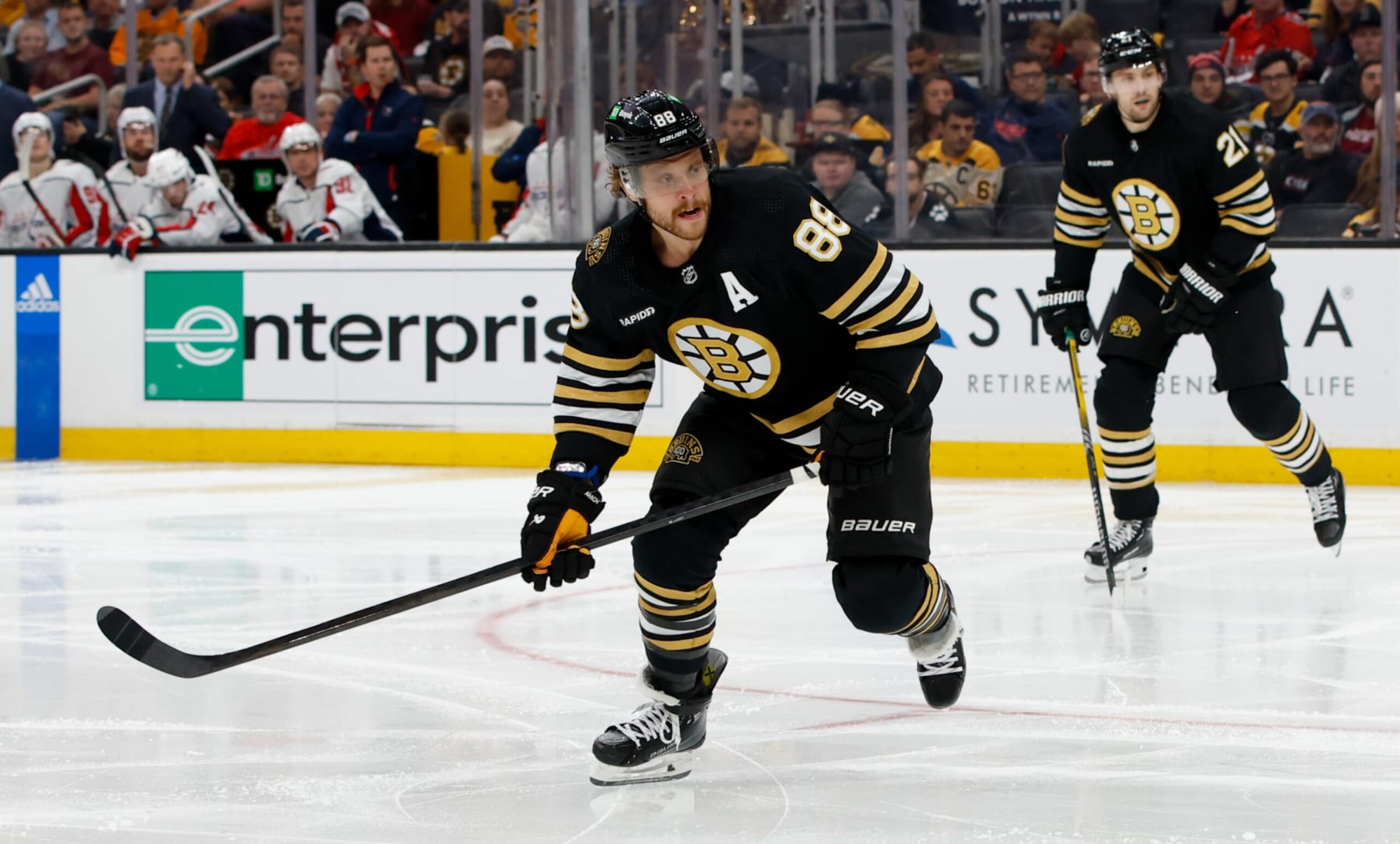 BOSTON, MASSACHUSETTS - OCTOBER 3: David Pastrnak #88 of the Boston Bruins skates against the Washington Capitals during the second period of a preseason game at the TD Garden on October 3, 2023 in Boston, Massachusetts. The Capitals won 5-4 in overtime. (Photo by Richard T Gagnon/Getty Images)