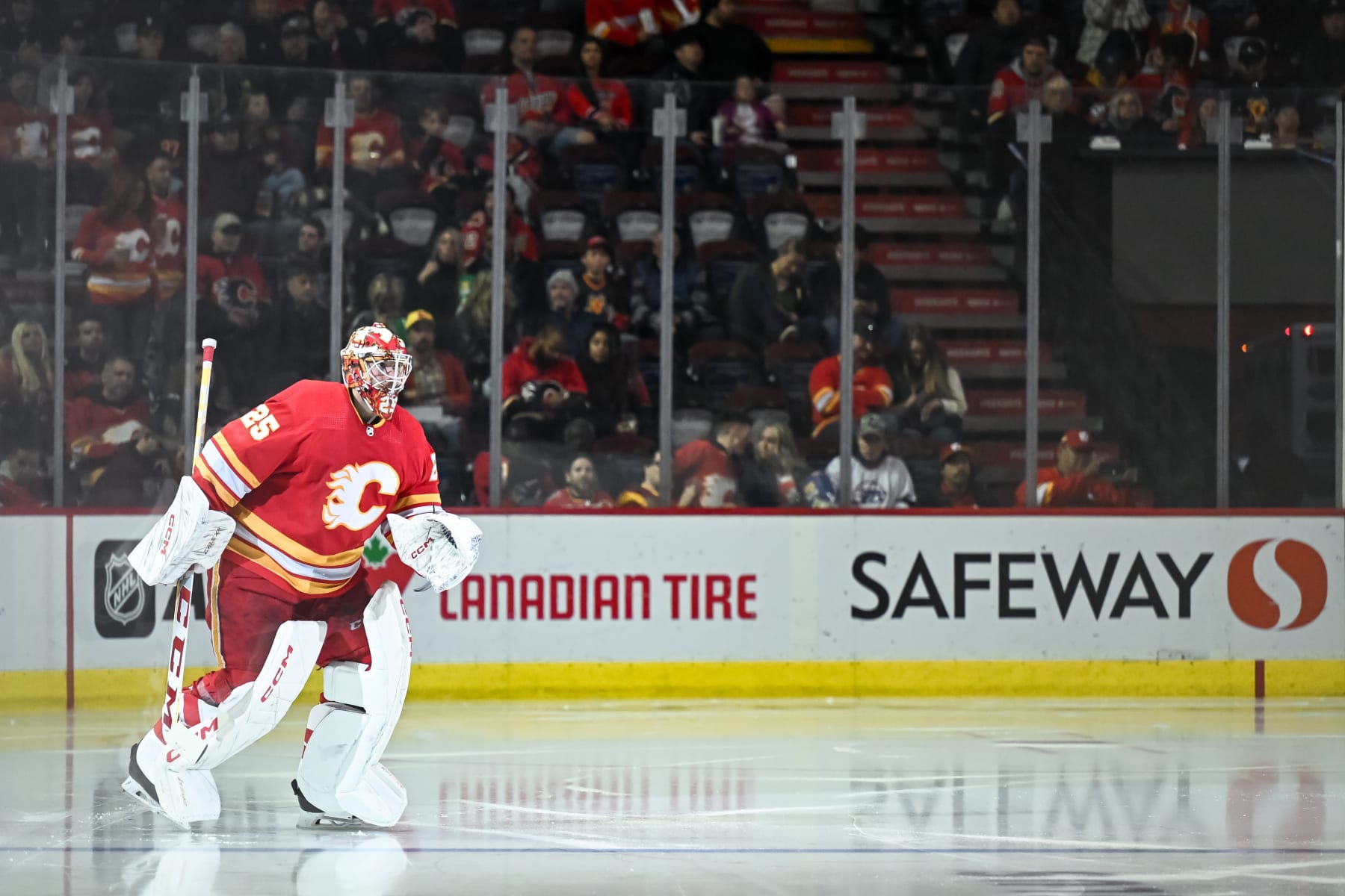 CALGARY, AB - OCTOBER 02: Calgary Flames Goalie Jacob Markstrom (25) takes to the ice for the second period of an NHL preseason game between the Calgary Flames and the Winnipeg Jets on October 2, 2023, at the Scotiabank Saddledome in Calgary, AB. (Photo by Brett Holmes/Icon Sportswire via Getty Images)
