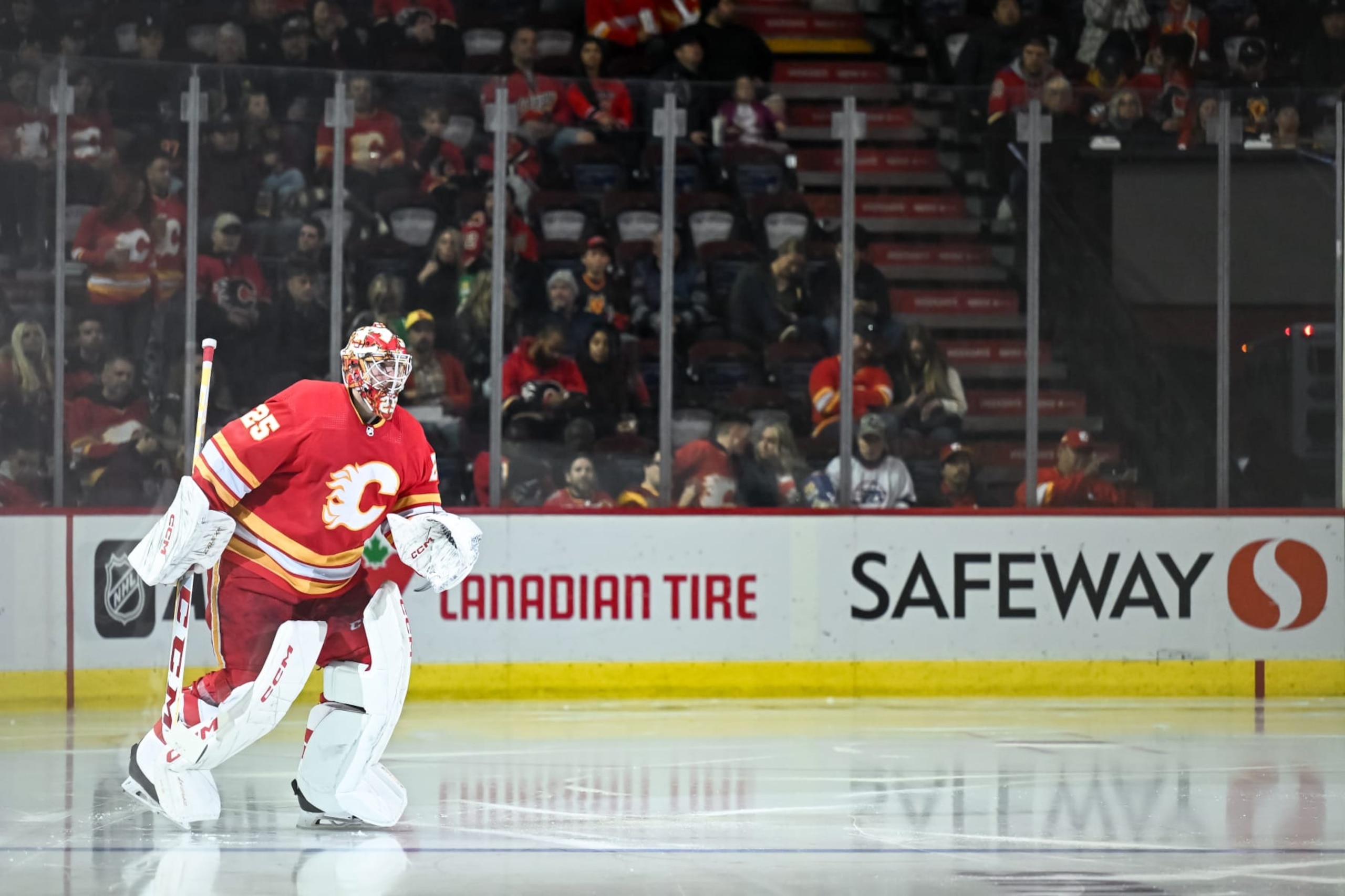 CALGARY, AB - OCTOBER 02: Calgary Flames Goalie Jacob Markstrom (25) takes to the ice for the second period of an NHL preseason game between the Calgary Flames and the Winnipeg Jets on October 2, 2023, at the Scotiabank Saddledome in Calgary, AB. (Photo by Brett Holmes/Icon Sportswire via Getty Images)
