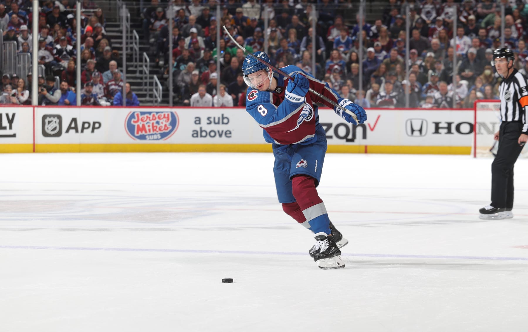 DENVER, COLORADO - APRIL 30: Cale Makar #8 of the Colorado Avalanche skates against the Seattle Kraken in Game Seven of the First Round of the 2023 Stanley Cup Playoffs at Ball Arena on April 30, 2023 in Denver, Colorado. (Photo by Michael Martin/NHLI via Getty Images)