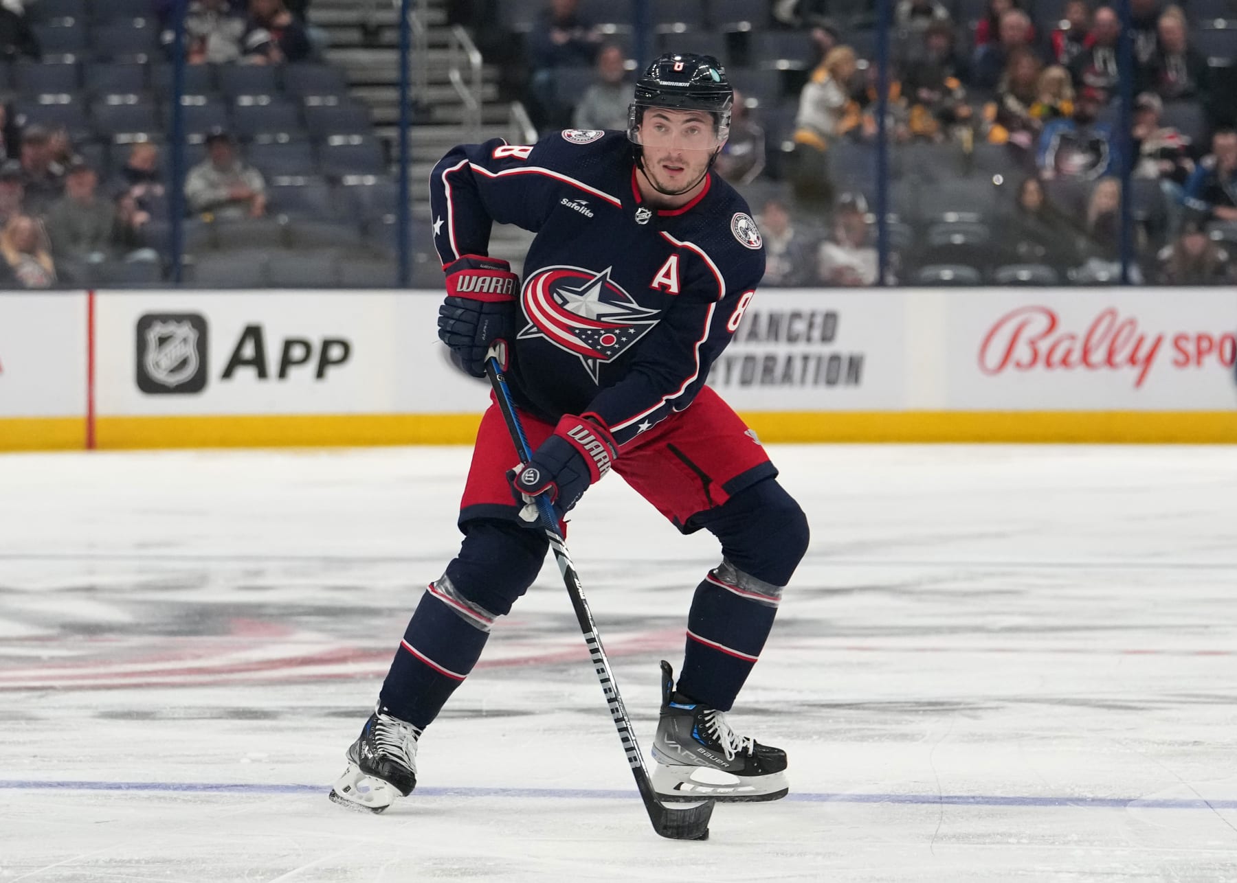 COLUMBUS, OHIO - SEPTEMBER 24: Zach Werenski #8 of the Columbus Blue Jackets skates with the puck during the second period against the Pittsburgh Penguins at Nationwide Arena on September 24, 2023 in Columbus, Ohio. (Photo by Jason Mowry/Getty Images)