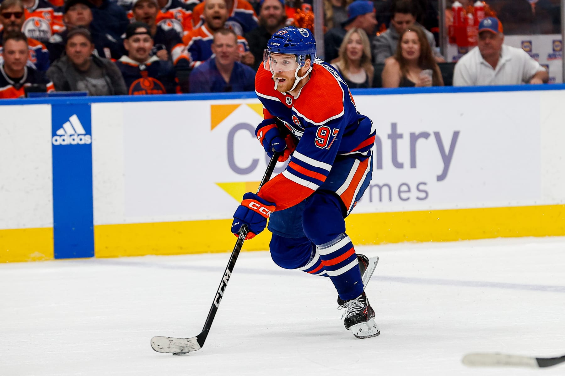 EDMONTON, AB - MAY 10: Edmonton Oilers Center Connor McDavid (97) races in in the first period of game four in the Western Conference Second Round of the Edmonton Oilers versus the Las Vegas Golden Knights on May 10, 2023 at Rogers Place in Edmonton, AB. (Photo by Curtis Comeau/Icon Sportswire via Getty Images)