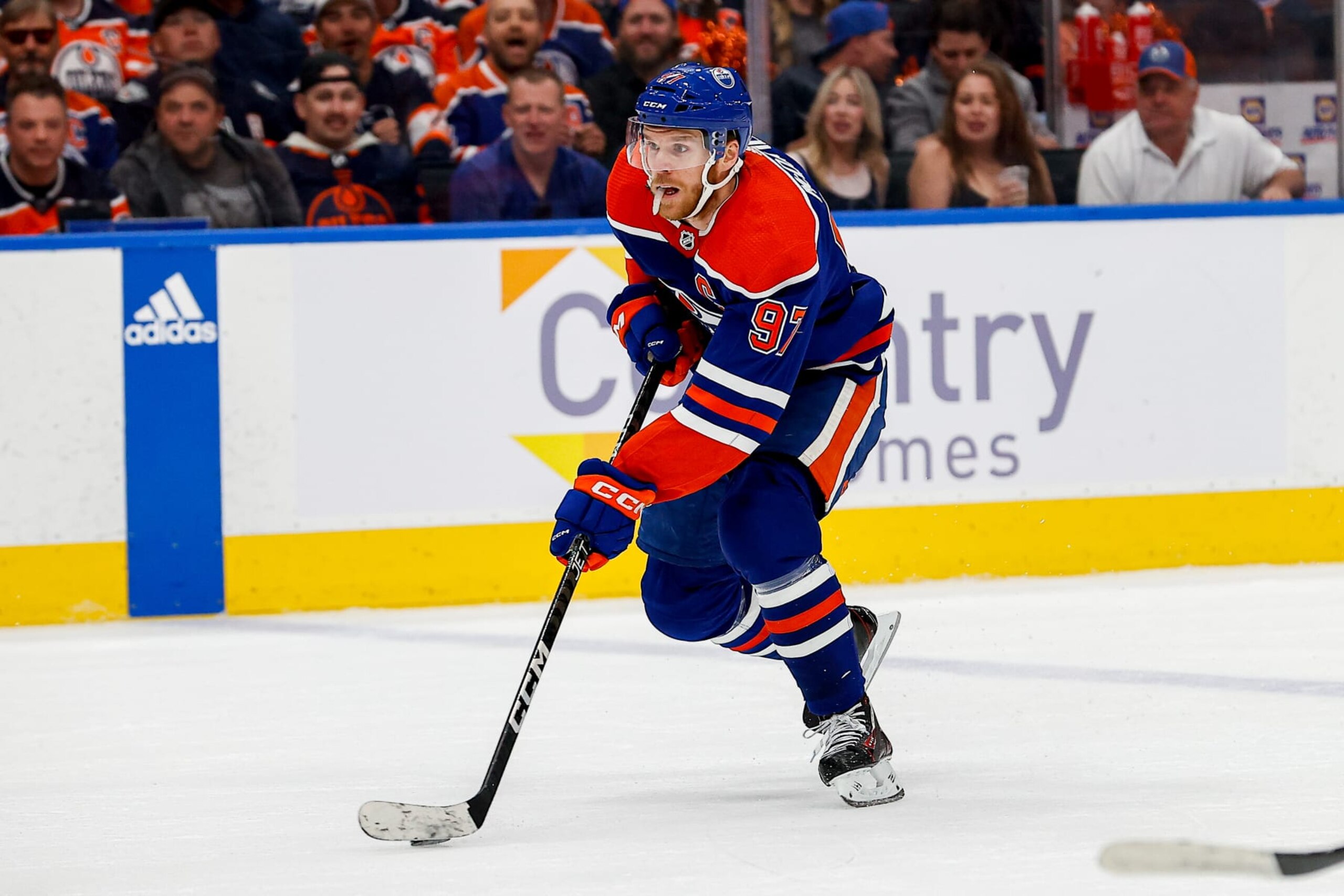 EDMONTON, AB - MAY 10: Edmonton Oilers Center Connor McDavid (97) races in in the first period of game four in the Western Conference Second Round of the Edmonton Oilers versus the Las Vegas Golden Knights on May 10, 2023 at Rogers Place in Edmonton, AB. (Photo by Curtis Comeau/Icon Sportswire via Getty Images)