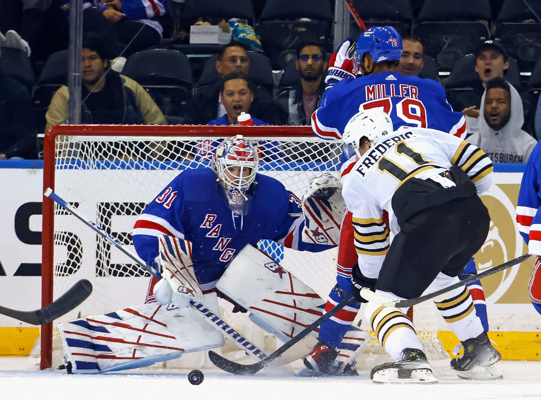 NEW YORK, NEW YORK - OCTOBER 05: Igor Shesterkin #31 of the New York Rangers prepares to block a second period shot from Trent Frederic #11 of the Boston Bruins at Madison Square Garden on October 05, 2023 in New York City. (Photo by Bruce Bennett/Getty Images)