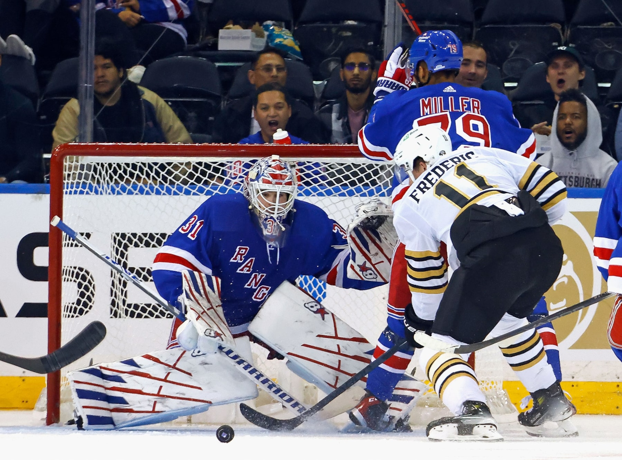 NEW YORK, NEW YORK - OCTOBER 05: Igor Shesterkin #31 of the New York Rangers prepares to block a second period shot from Trent Frederic #11 of the Boston Bruins at Madison Square Garden on October 05, 2023 in New York City. (Photo by Bruce Bennett/Getty Images)