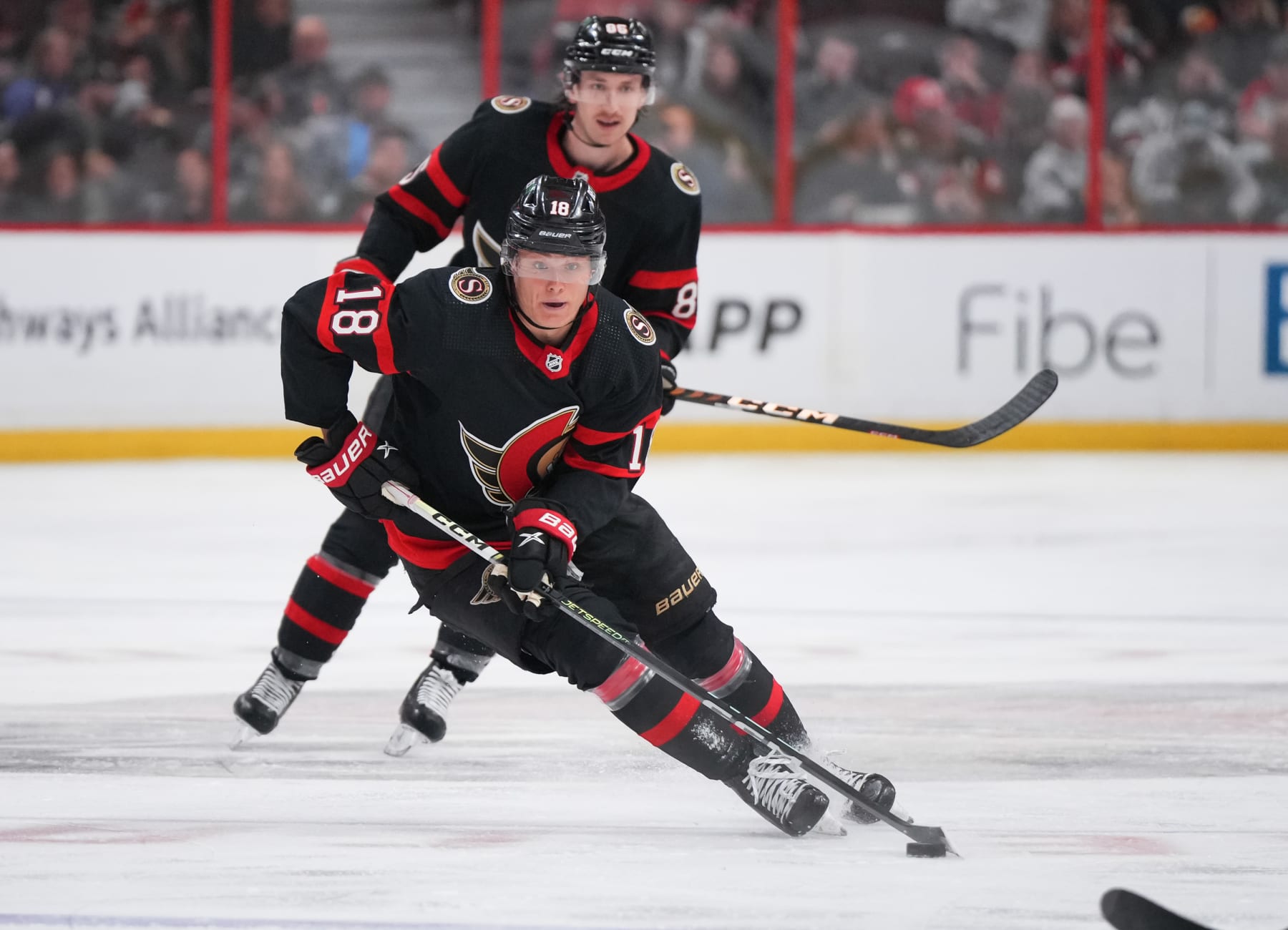 OTTAWA, CANADA - APRIL 8:  Tim Stützle #18 of the Ottawa Senators skates against the Tampa Bay Lightning at Canadian Tire Centre on April 8, 2023 in Ottawa, Ontario, Canada.  (Photo by André Ringuette/NHLI via Getty Images)