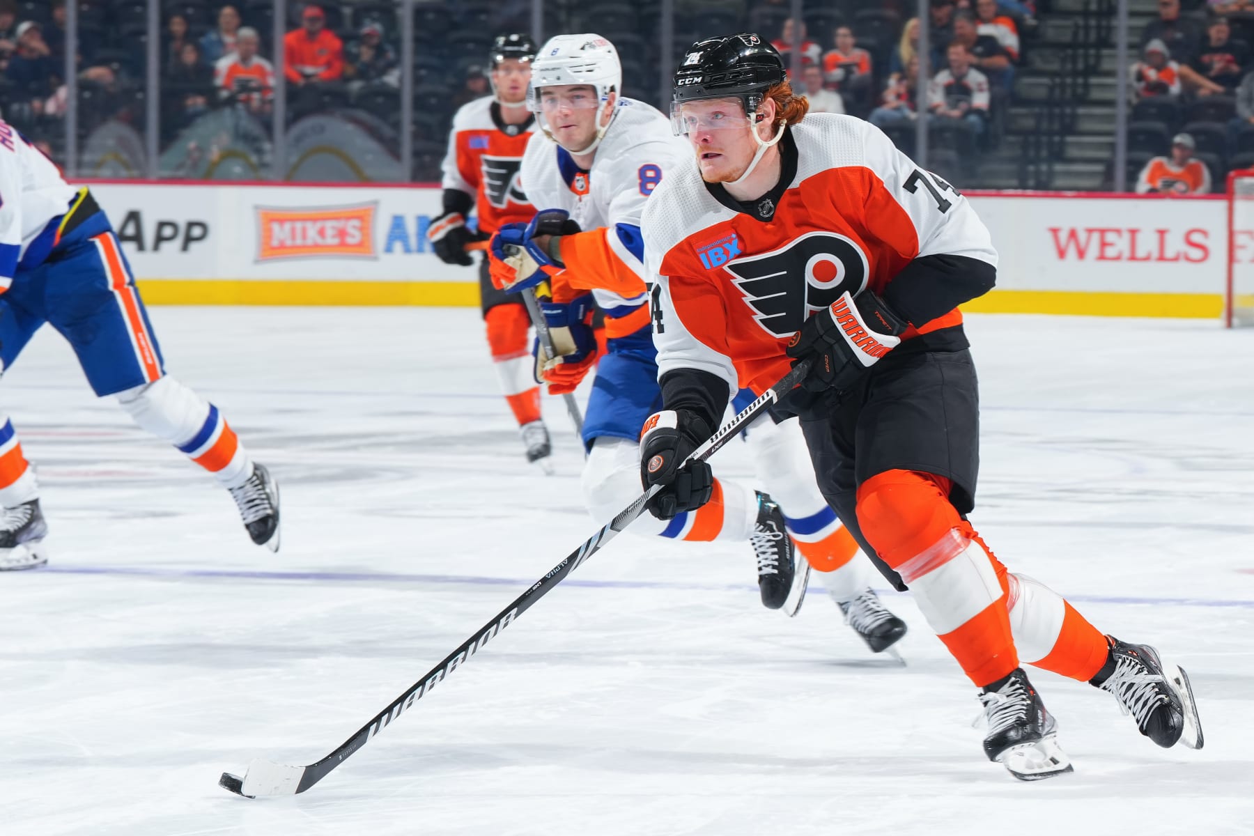 PHILADELPHIA, PENNSYLVANIA - OCTOBER 5: Owen Tippett #74 of the Philadelphia Flyers controls the puck in the second period of the preseason game against the New York Islanders at the Wells Fargo Center on October 5, 2023 in Philadelphia, Pennsylvania. The Flyers defeated the Islanders 5-2. (Photo by Mitchell Leff/Getty Images)
