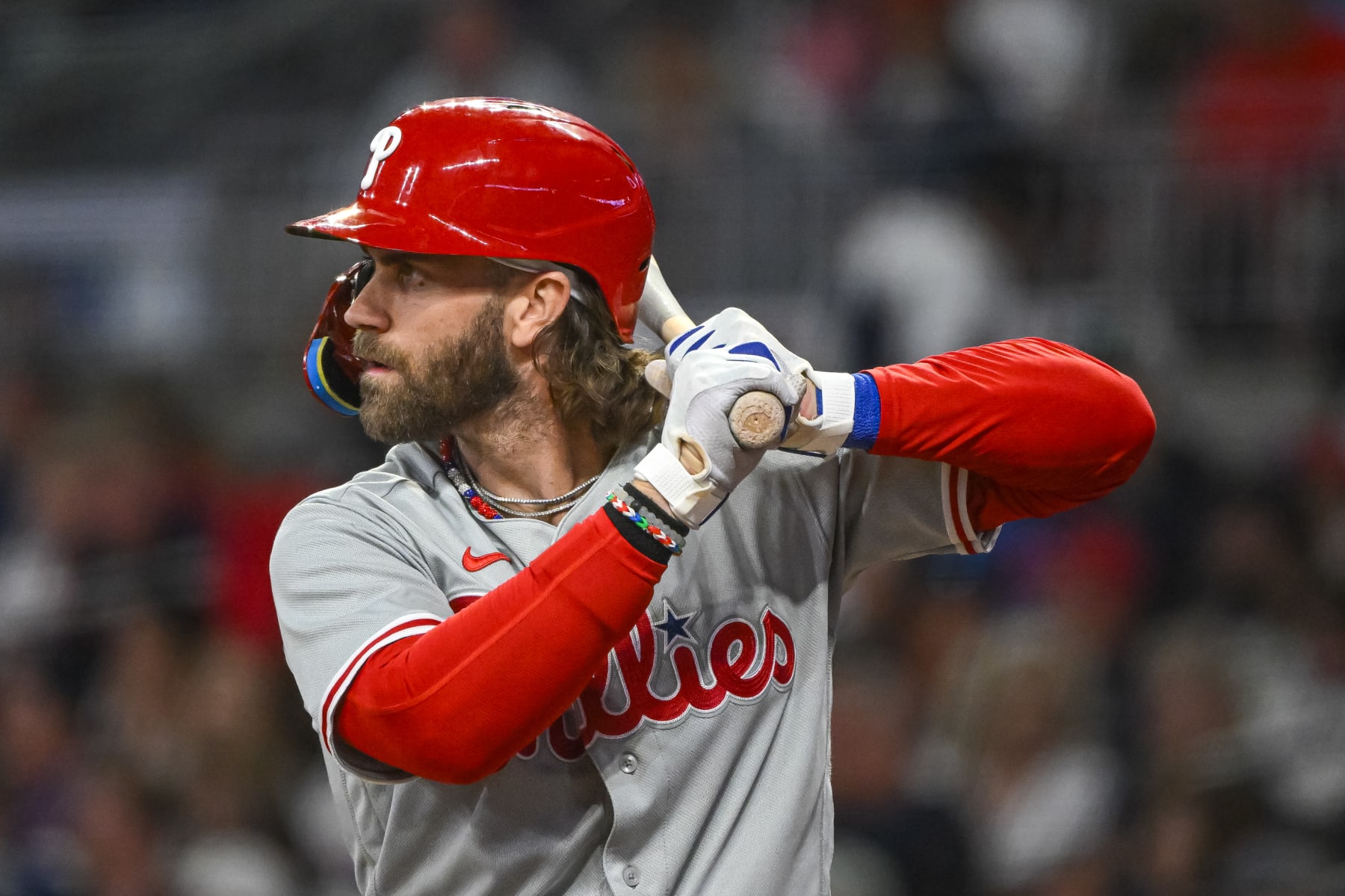 ATLANTA, GA - OCTOBER 09: Philadelphia Phillies first baseman Bryce Harper (3) hitting in game 2 of the NLDS between the Philadelphia Phillies and Atlanta Braves on October 9, 2023, at Truist Park in Atlanta, GA. (Photo by John Adams/Icon Sportswire via Getty Images)