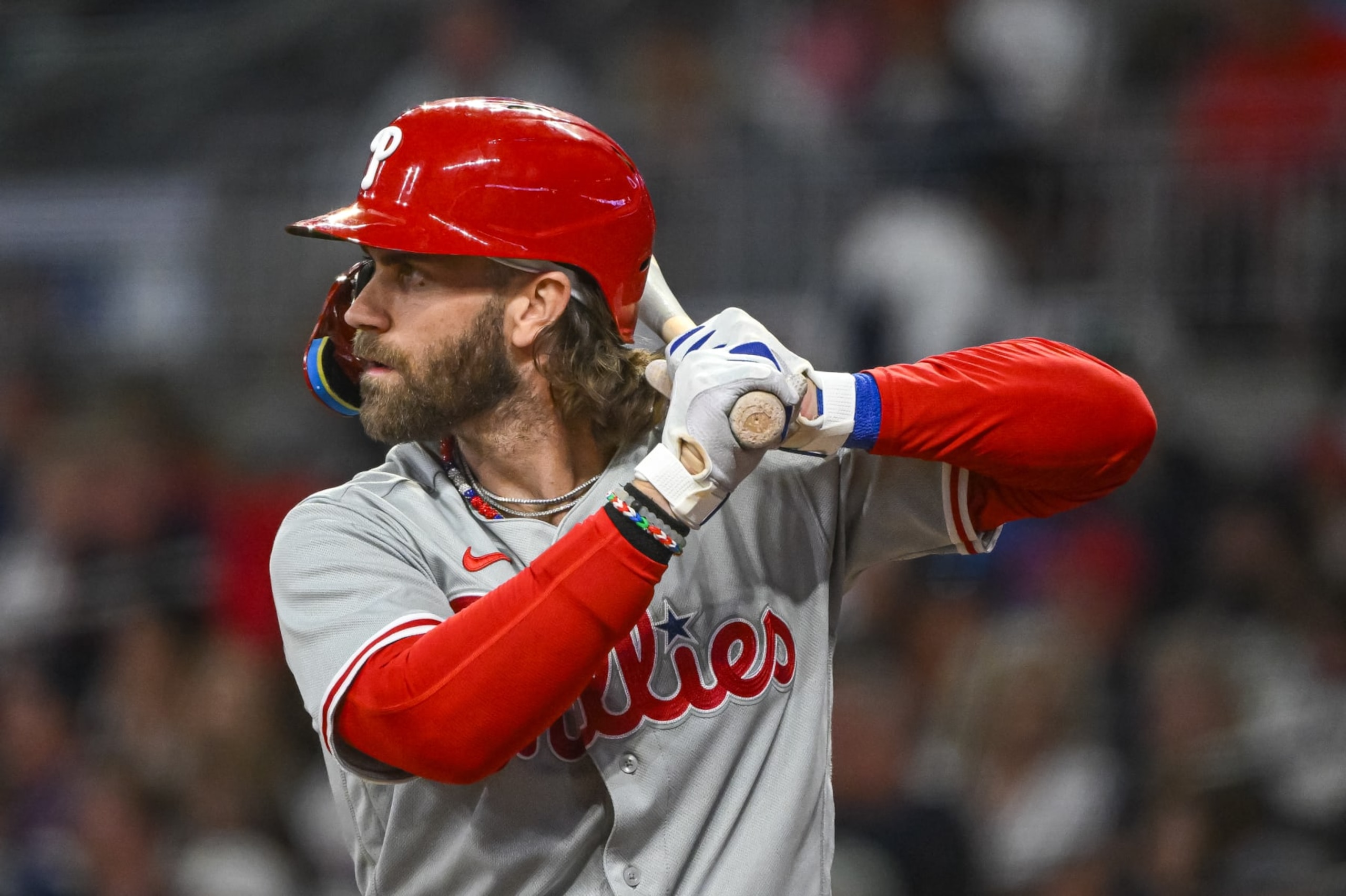 ATLANTA, GA - OCTOBER 09: Philadelphia Phillies first baseman Bryce Harper (3) hitting in game 2 of the NLDS between the Philadelphia Phillies and Atlanta Braves on October 9, 2023, at Truist Park in Atlanta, GA. (Photo by John Adams/Icon Sportswire via Getty Images)