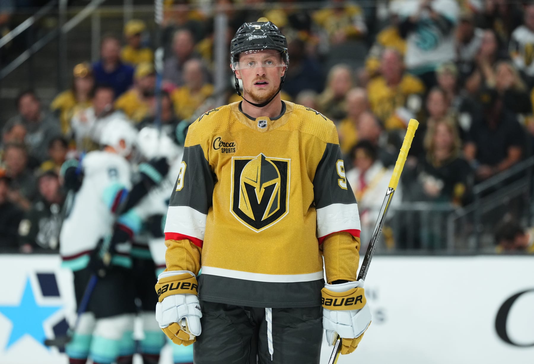 LAS VEGAS, NEVADA - OCTOBER 10: Jack Eichel #9 of the Vegas Golden Knights reacts after a goal by Jared McCann #19 of the Seattle Kraken during the second period at T-Mobile Arena on October 10, 2023 in Las Vegas, Nevada. (Photo by Jeff Bottari/NHLI via Getty Images)