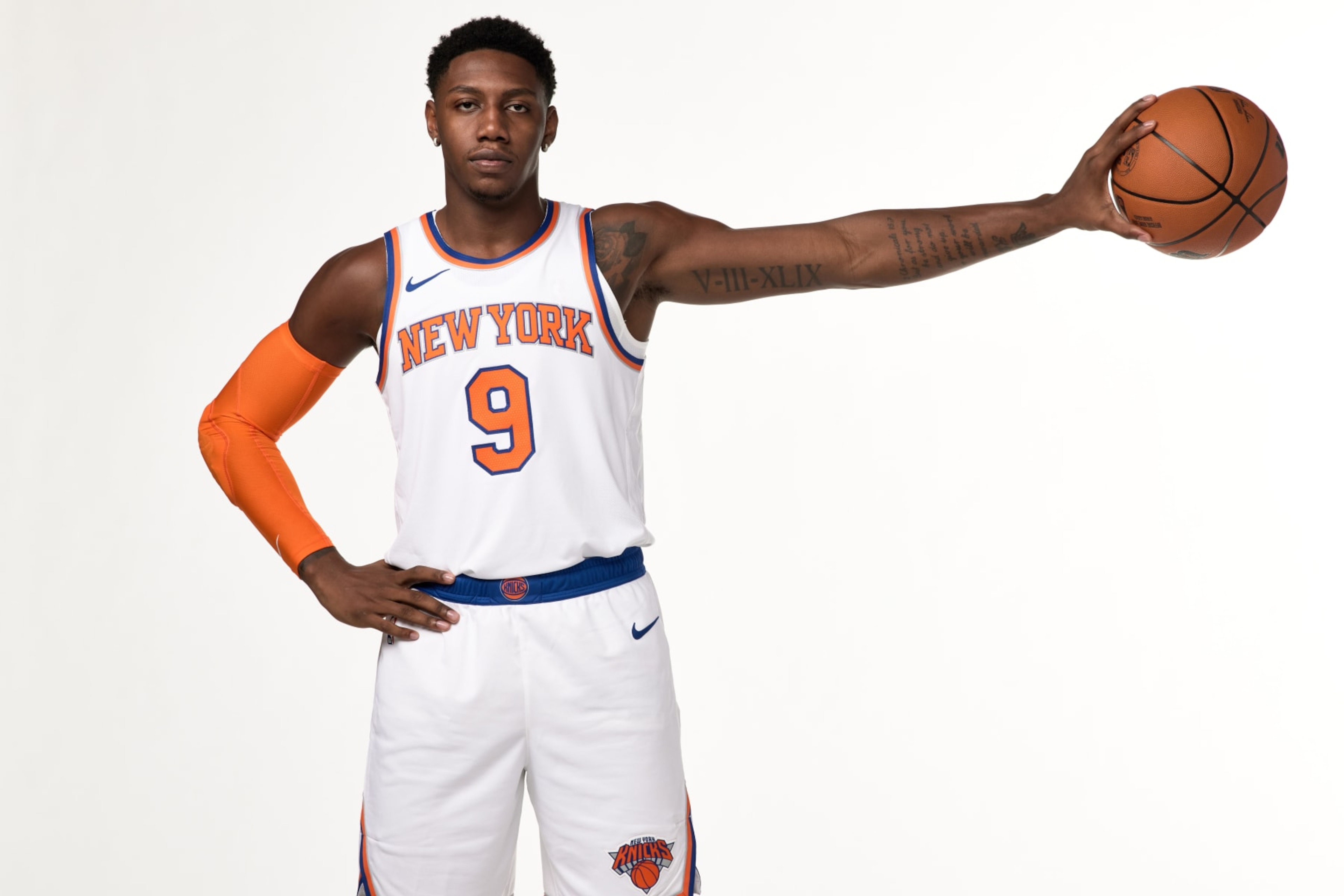 TARRYTOWN, NEW YORK - OCTOBER 02: RJ Barrett #9 of the New York Knicks poses for a portrait during 2023-24 NBA Media Day on October 2, 2023 in Tarrytown, New York. NOTE TO USER: User expressly acknowledges and agrees that, by downloading and/or using this photograph, user is consenting to the terms and conditions of the Getty Images License Agreement. Mandatory Copyright Notice: Copyright 2023 NBAE (Photo by Steven Freeman/NBAE via Getty Images) TARRYTOWN, NEW YORK - OCTOBER 02: RJ Barrett #9 of the New York Knicks poses for a portrait during 2023-24 NBA Media Day on October 2, 2023 in Tarrytown, New York. NOTE TO USER: User expressly acknowledges and agrees that, by downloading and/or using this photograph, user is consenting to the terms and conditions of the Getty Images License Agreement. Mandatory Copyright Notice: Copyright 2023 NBAE (Photo by Steven Freeman/NBAE via Getty Images)
