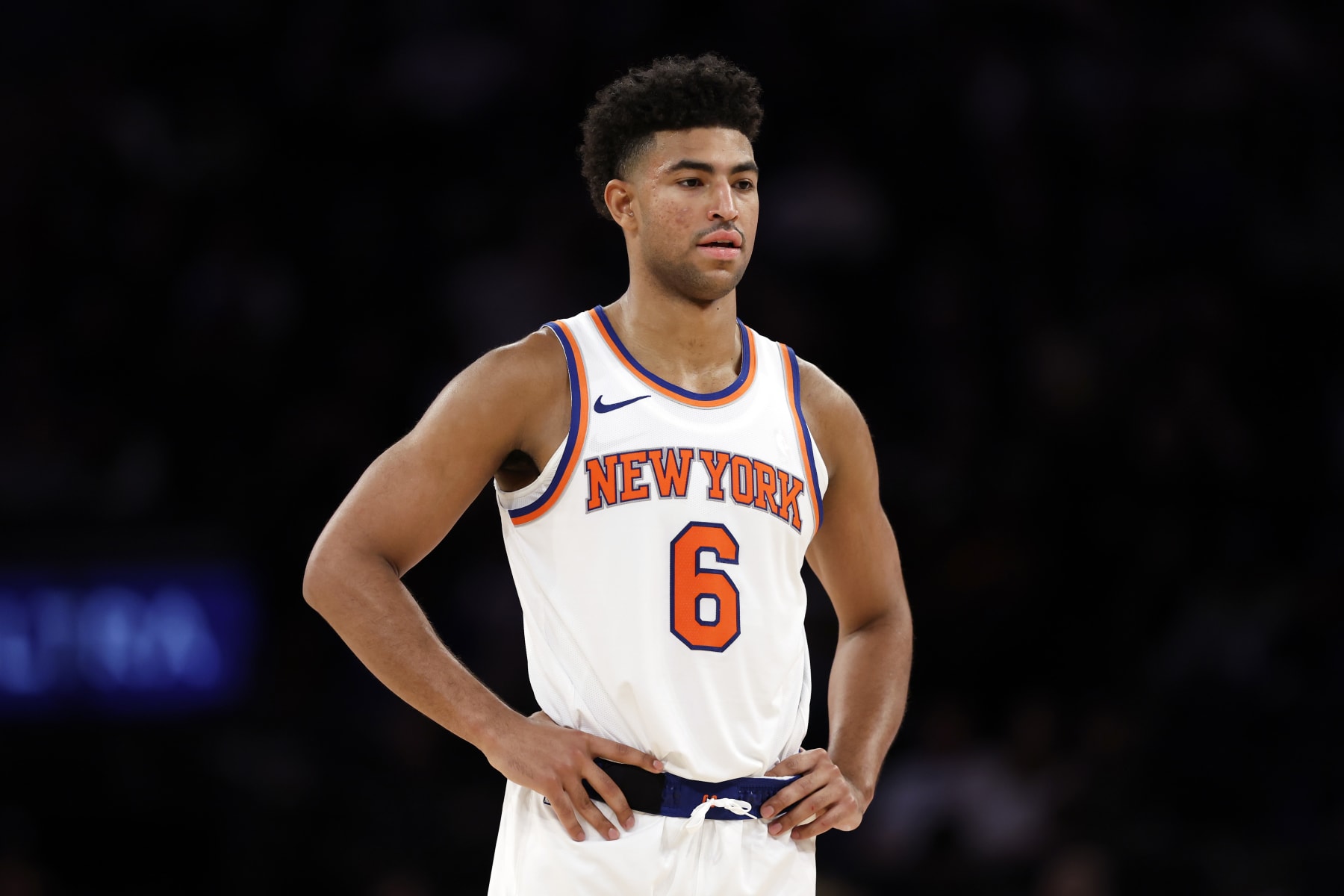 NEW YORK, NEW YORK - OCTOBER 09: Quentin Grimes #6 of the New York Knicks looks on during the second half of a preseason game against the Boston Celtics at Madison Square Garden on October 09, 2023 in New York City. The Knicks won 114-107. NOTE TO USER: User expressly acknowledges and agrees that, by downloading and or using this photograph, User is consenting to the terms and conditions of the Getty Images License Agreement. (Photo by Sarah Stier/Getty Images)