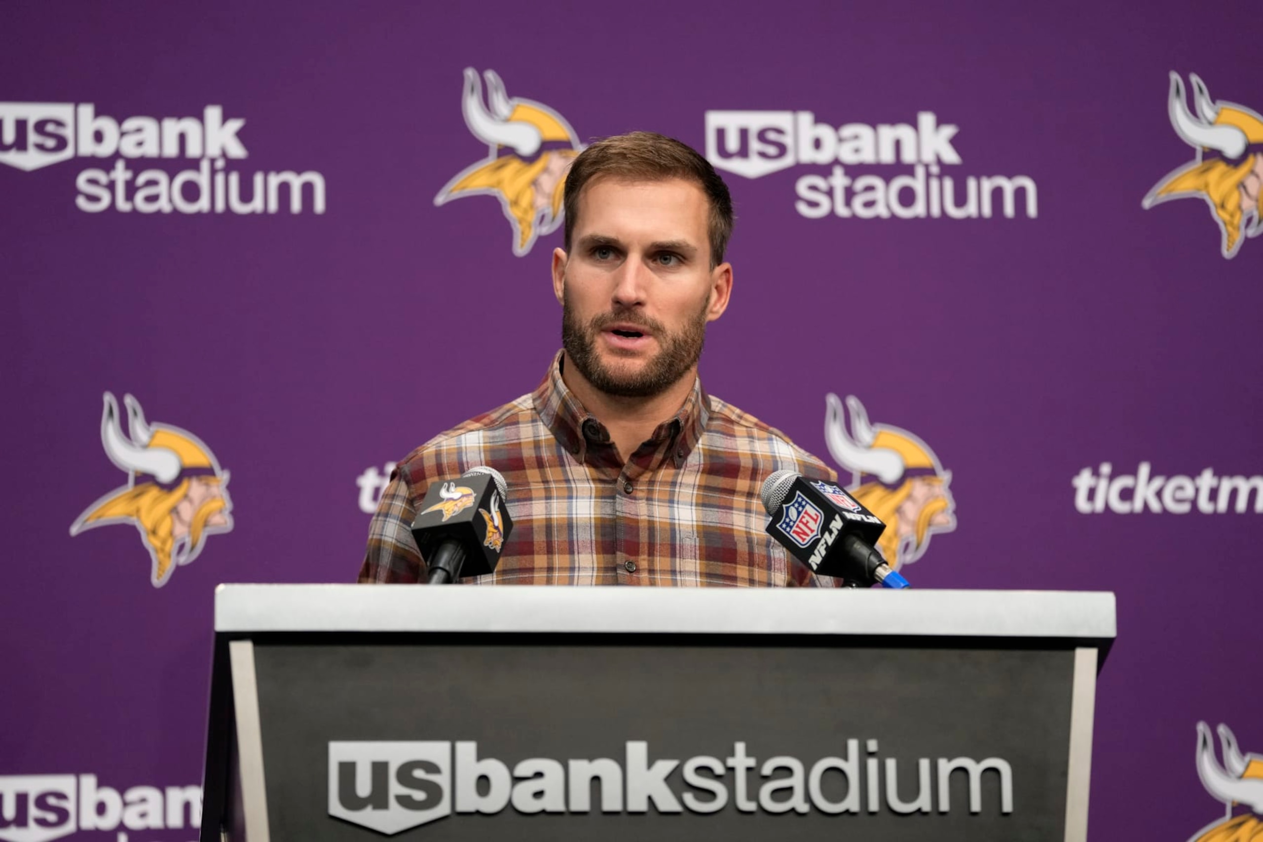 Minnesota Vikings quarterback Kirk Cousins speaks during a news conference after an NFL football game against the Kansas City Chiefs, Sunday, Oct. 8, 2023, in Minneapolis. The Chiefs won 27-20. (AP Photo/Abbie Parr) Minnesota Vikings quarterback Kirk Cousins speaks during a news conference after an NFL football game against the Kansas City Chiefs, Sunday, Oct. 8, 2023, in Minneapolis. The Chiefs won 27-20. (AP Photo/Abbie Parr)