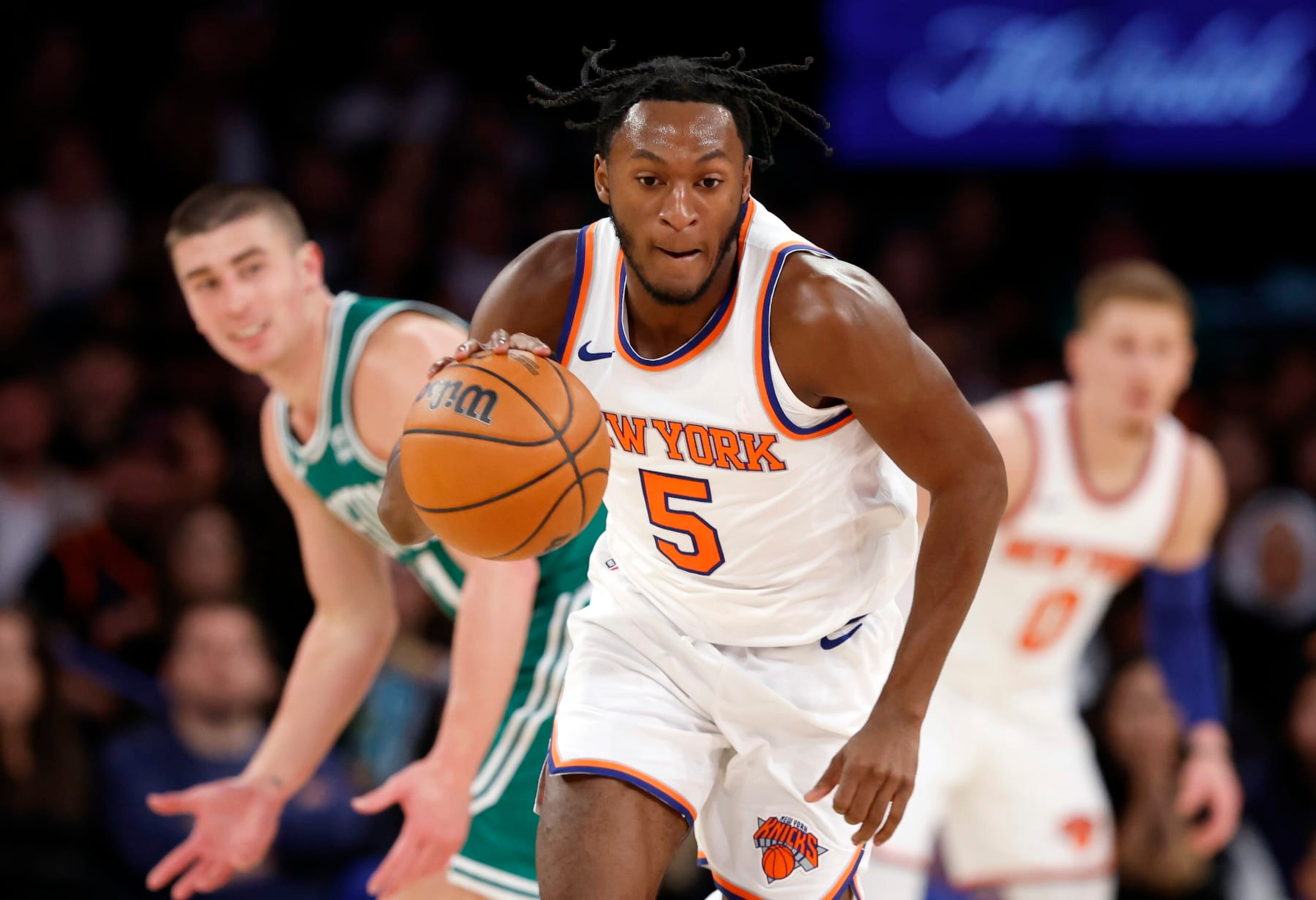 NEW YORK, NEW YORK - OCTOBER 09: Immanuel Quickley #5 of the New York Knicks dribbles during the second half of a preseason game against the Boston Celtics at Madison Square Garden on October 09, 2023 in New York City. The Knicks won 114-107. NOTE TO USER: User expressly acknowledges and agrees that, by downloading and or using this photograph, User is consenting to the terms and conditions of the Getty Images License Agreement. (Photo by Sarah Stier/Getty Images) NEW YORK, NEW YORK - OCTOBER 09: Immanuel Quickley #5 of the New York Knicks dribbles during the second half of a preseason game against the Boston Celtics at Madison Square Garden on October 09, 2023 in New York City. The Knicks won 114-107. NOTE TO USER: User expressly acknowledges and agrees that, by downloading and or using this photograph, User is consenting to the terms and conditions of the Getty Images License Agreement. (Photo by Sarah Stier/Getty Images)