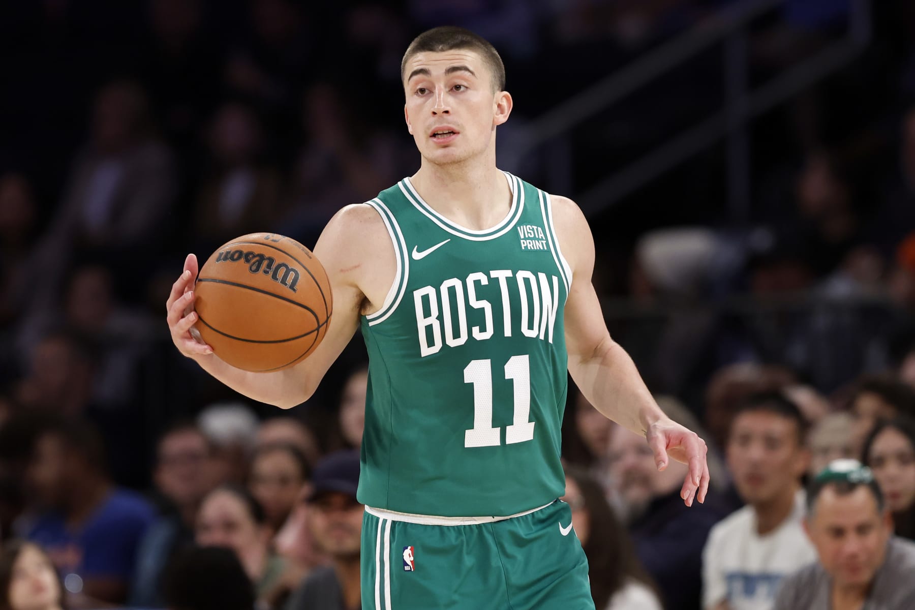 NEW YORK, NEW YORK - OCTOBER 09: Payton Pritchard #11 of the Boston Celtics dribbles during the first half of a preseason game against the New York Knicks at Madison Square Garden on October 09, 2023 in New York City. NOTE TO USER: User expressly acknowledges and agrees that, by downloading and or using this photograph, User is consenting to the terms and conditions of the Getty Images License Agreement. (Photo by Sarah Stier/Getty Images)