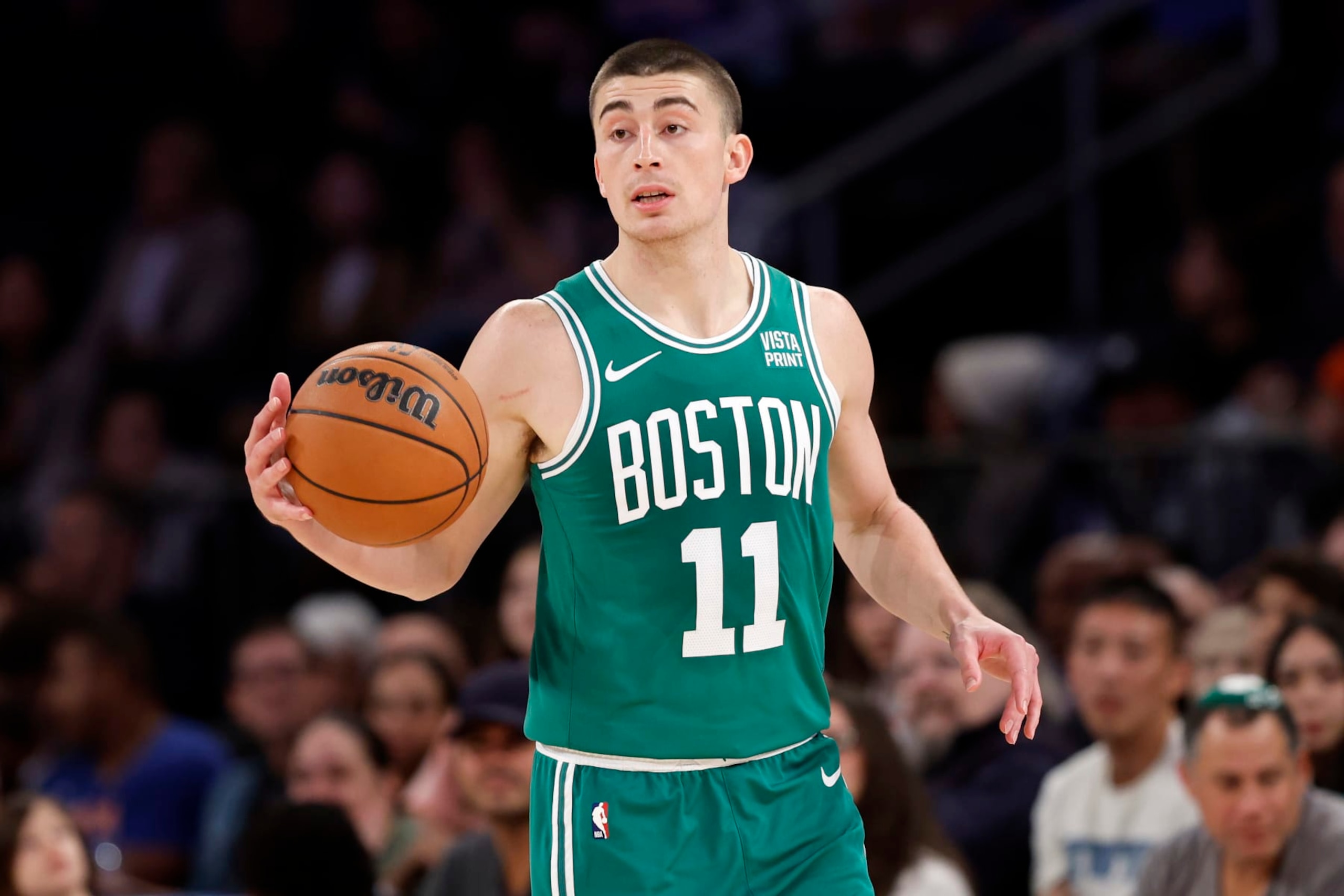 NEW YORK, NEW YORK - OCTOBER 09: Payton Pritchard #11 of the Boston Celtics dribbles during the first half of a preseason game against the New York Knicks at Madison Square Garden on October 09, 2023 in New York City. NOTE TO USER: User expressly acknowledges and agrees that, by downloading and or using this photograph, User is consenting to the terms and conditions of the Getty Images License Agreement. (Photo by Sarah Stier/Getty Images)