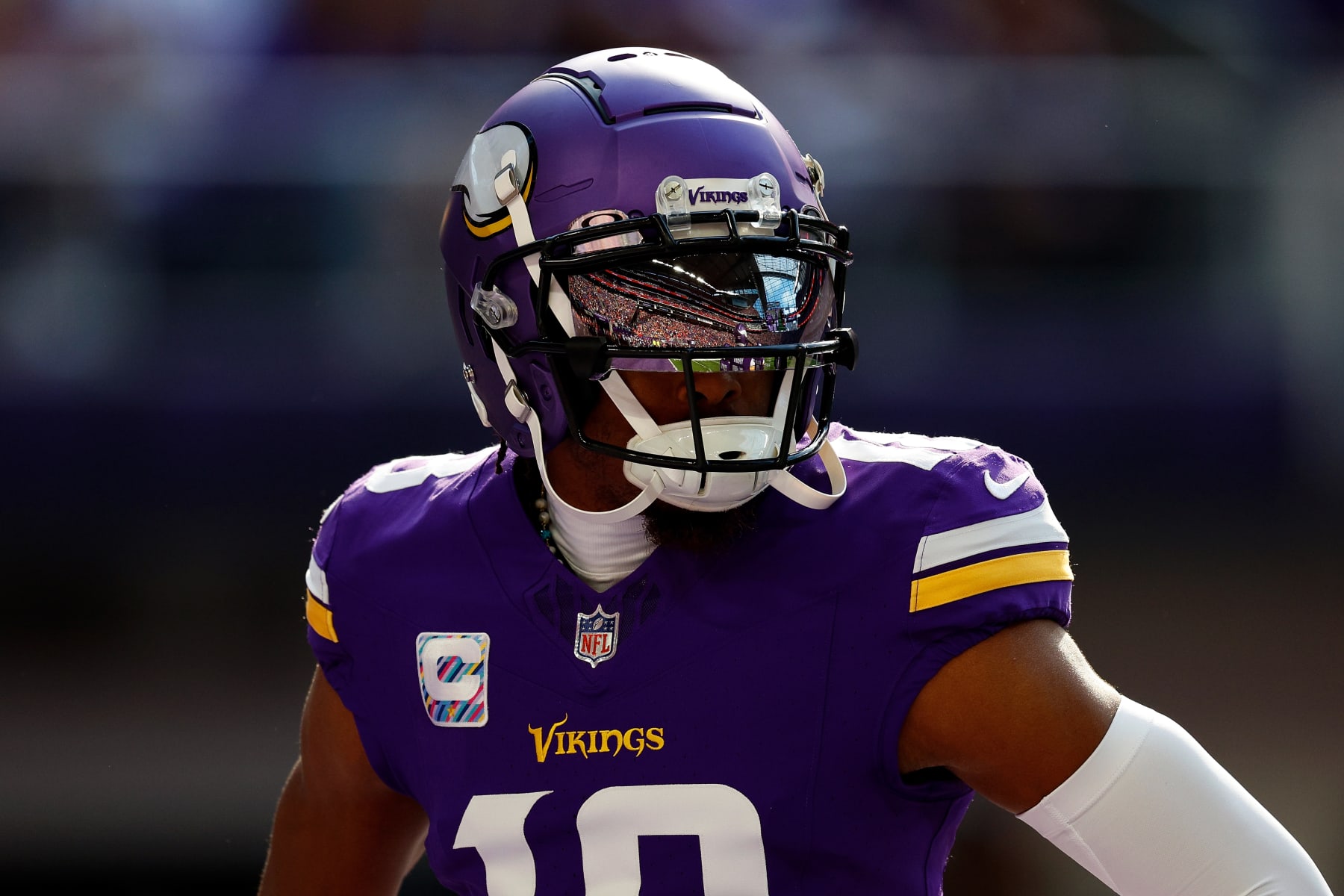 MINNEAPOLIS, MINNESOTA - OCTOBER 08: Justin Jefferson #18 of the Minnesota Vikings looks on prior to the start of the game against the Kansas City Chiefs at U.S. Bank Stadium on October 08, 2023 in Minneapolis, Minnesota. The Chiefs defeated the Vikings 27-20. (Photo by David Berding/Getty Images)
