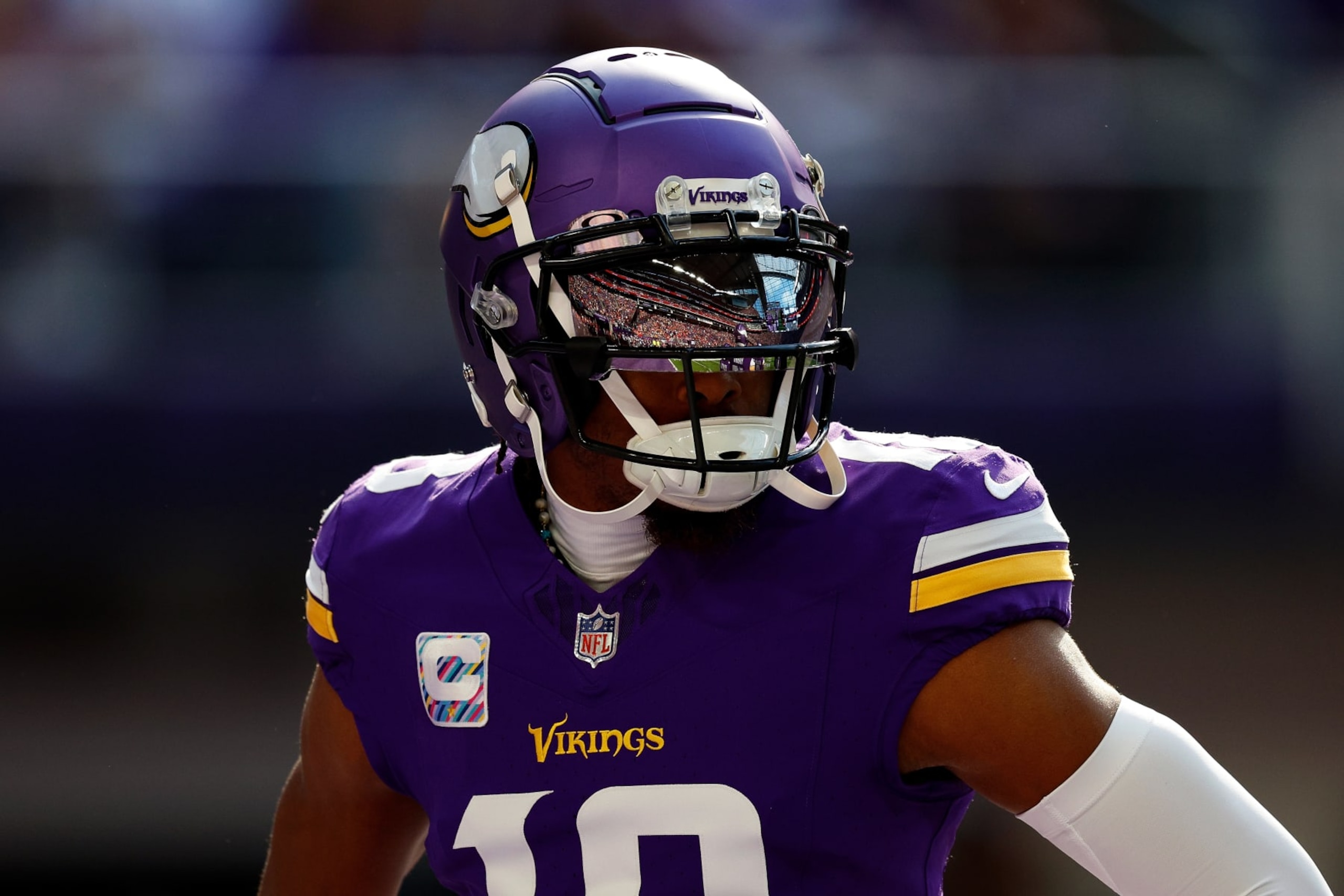 MINNEAPOLIS, MINNESOTA - OCTOBER 08: Justin Jefferson #18 of the Minnesota Vikings looks on prior to the start of the game against the Kansas City Chiefs at U.S. Bank Stadium on October 08, 2023 in Minneapolis, Minnesota. The Chiefs defeated the Vikings 27-20. (Photo by David Berding/Getty Images)
