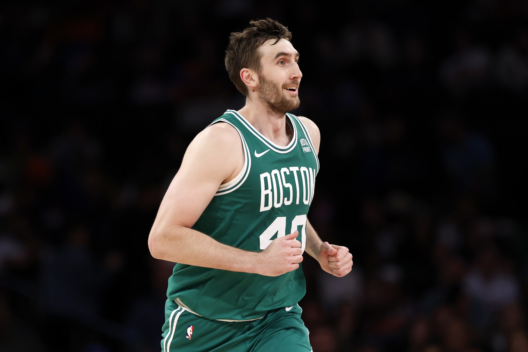 NEW YORK, NEW YORK - OCTOBER 09: Luke Kornet #40 of the Boston Celtics reacts during the second half of a preseason game against the New York Knicks at Madison Square Garden on October 09, 2023 in New York City. The Knicks won 114-107. NOTE TO USER: User expressly acknowledges and agrees that, by downloading and or using this photograph, User is consenting to the terms and conditions of the Getty Images License Agreement. (Photo by Sarah Stier/Getty Images)