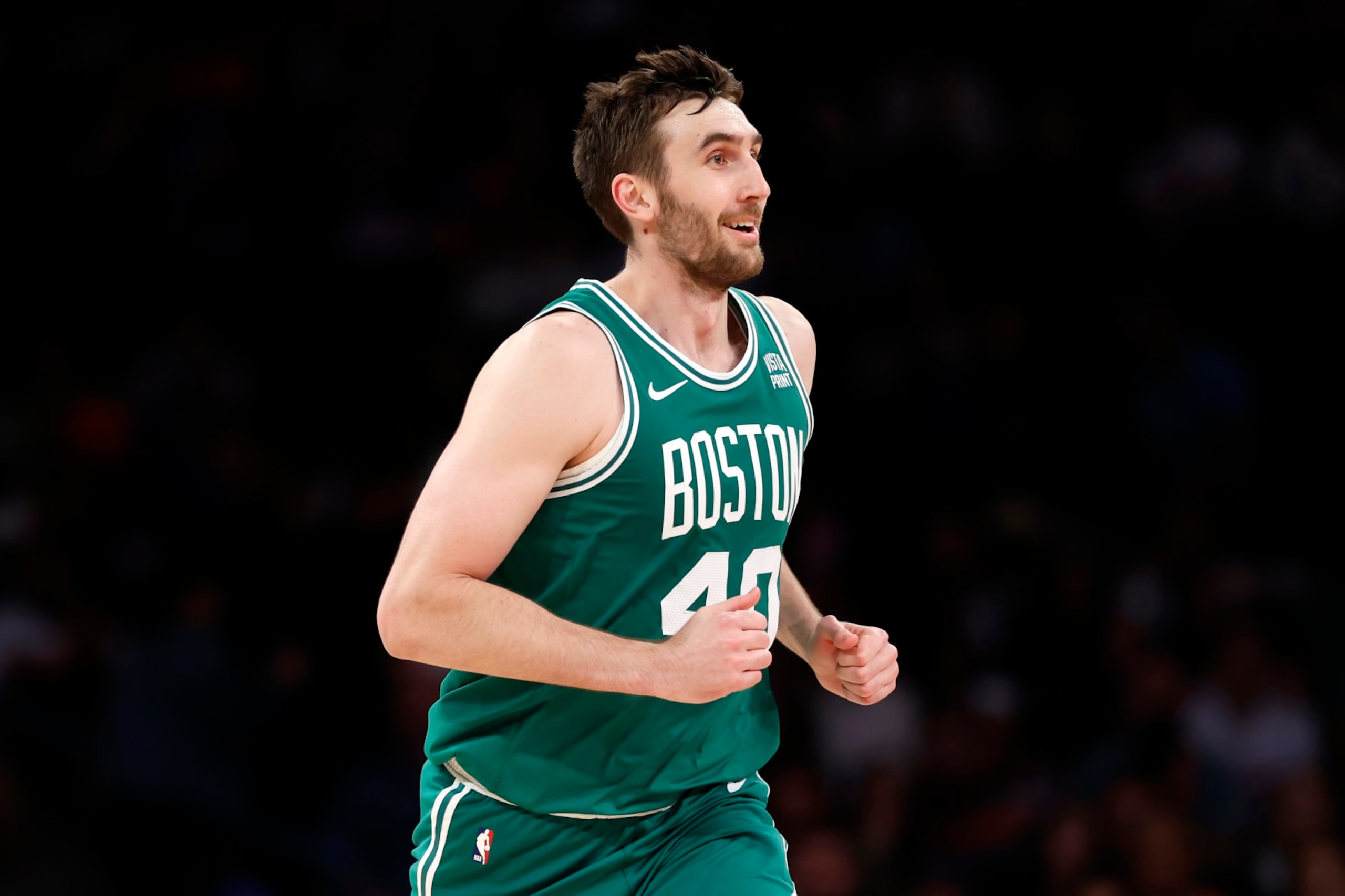 NEW YORK, NEW YORK - OCTOBER 09: Luke Kornet #40 of the Boston Celtics reacts during the second half of a preseason game against the New York Knicks at Madison Square Garden on October 09, 2023 in New York City. The Knicks won 114-107. NOTE TO USER: User expressly acknowledges and agrees that, by downloading and or using this photograph, User is consenting to the terms and conditions of the Getty Images License Agreement. (Photo by Sarah Stier/Getty Images)