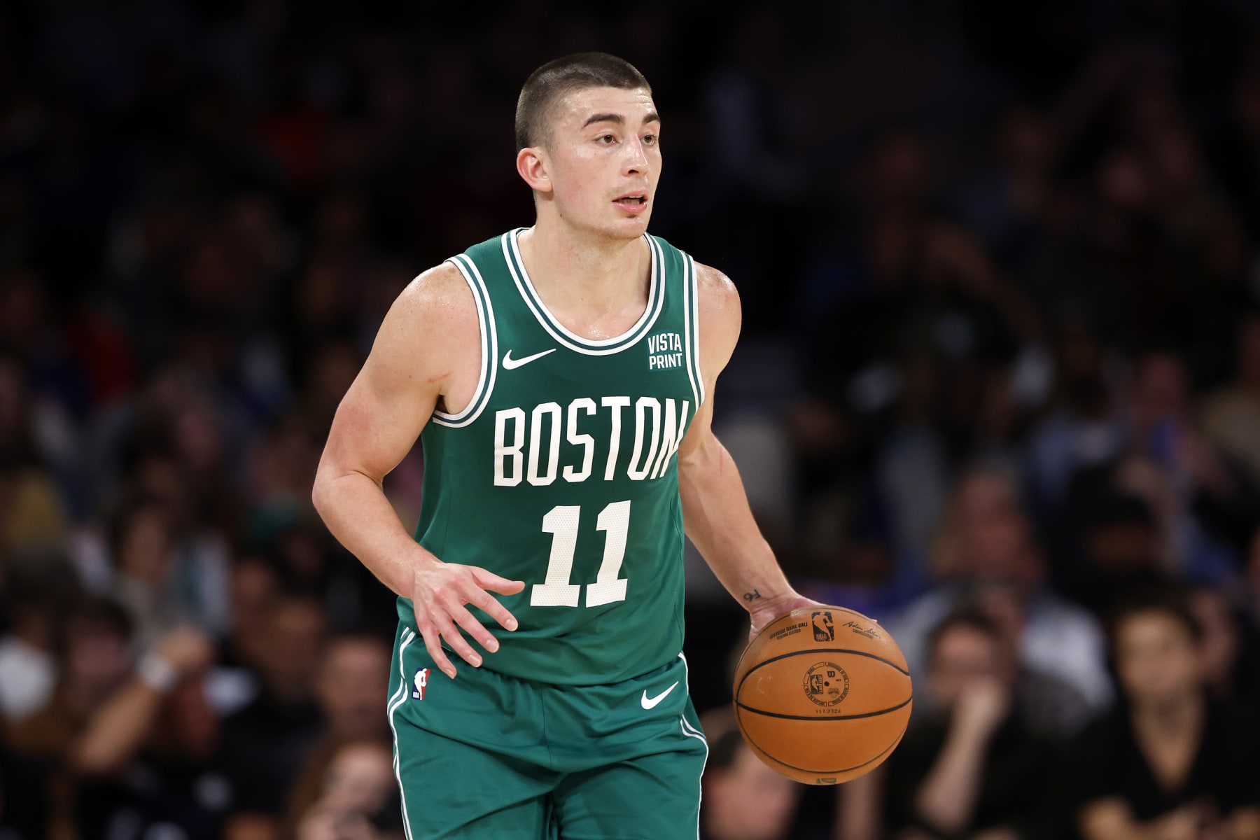 NEW YORK, NEW YORK - OCTOBER 09: Payton Pritchard #11 of the Boston Celtics dribbles during the first half of a preseason game against the New York Knicks at Madison Square Garden on October 09, 2023 in New York City. NOTE TO USER: User expressly acknowledges and agrees that, by downloading and or using this photograph, User is consenting to the terms and conditions of the Getty Images License Agreement. (Photo by Sarah Stier/Getty Images)
