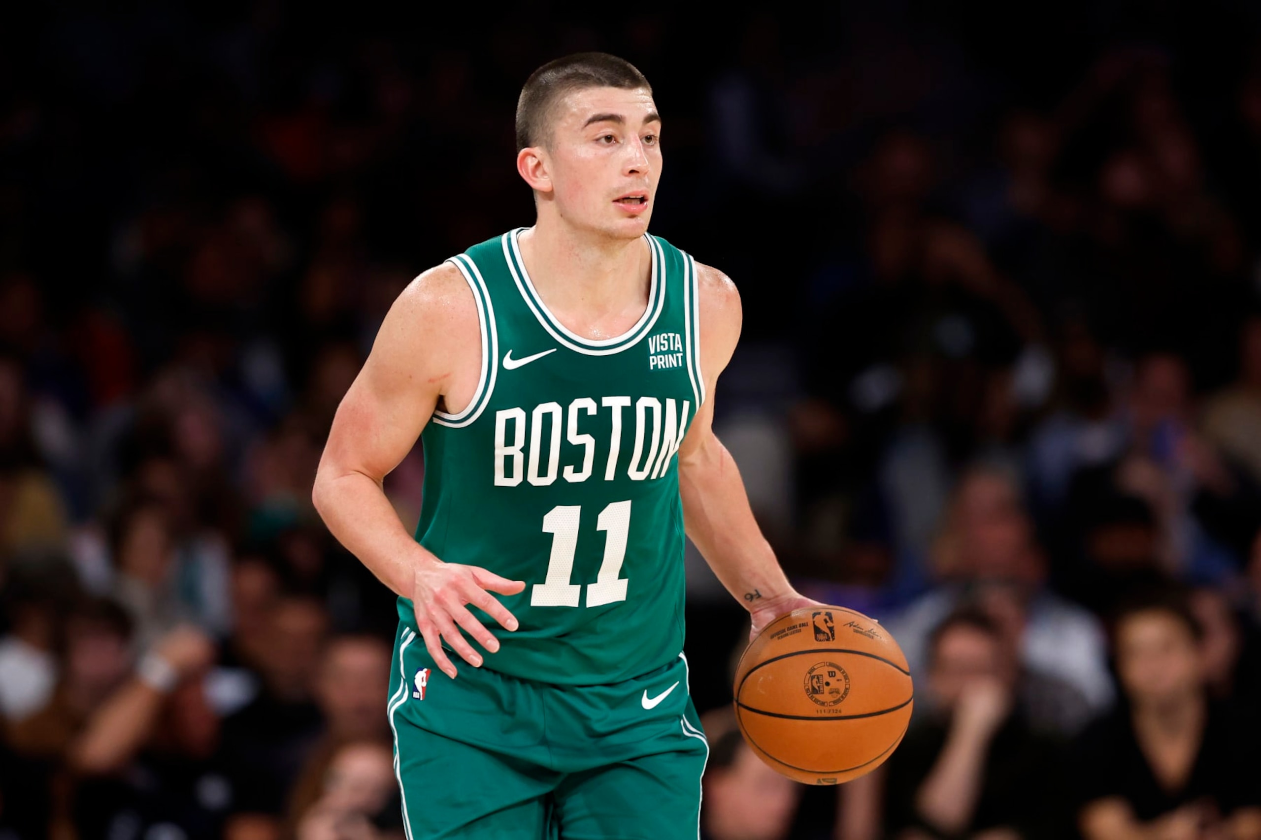 NEW YORK, NEW YORK - OCTOBER 09: Payton Pritchard #11 of the Boston Celtics dribbles during the first half of a preseason game against the New York Knicks at Madison Square Garden on October 09, 2023 in New York City. NOTE TO USER: User expressly acknowledges and agrees that, by downloading and or using this photograph, User is consenting to the terms and conditions of the Getty Images License Agreement. (Photo by Sarah Stier/Getty Images)