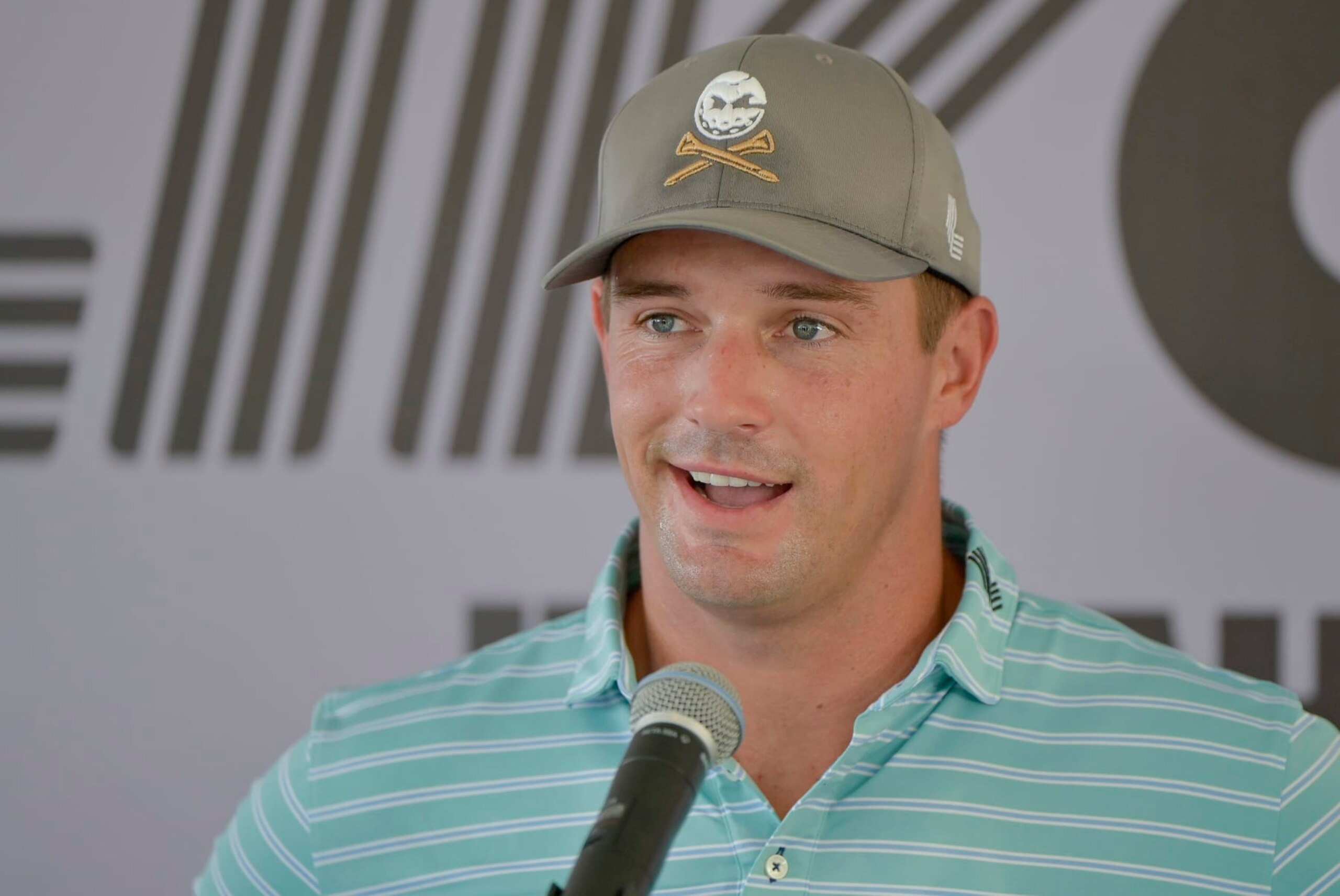 JEDDAH, SAUDI ARABIA - OCTOBER 11: Bryson DeChambeau speaks to the press ahead of the  LIV Golf Invitational on October 11, 2023 in Jeddah, Saudi Arabia. (Photo by Khalid Alhaj/MB Media/Getty Images)