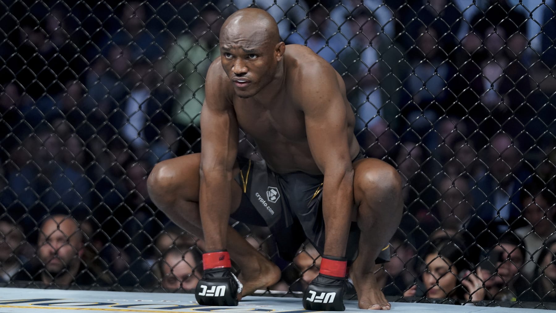 Kamaru Usman before fighting against Colby Covington in a welterweight mixed martial arts championship bout at UFC 268, Sunday, Nov. 7, 2021, in New York. (AP Photo/Corey Sipkin)