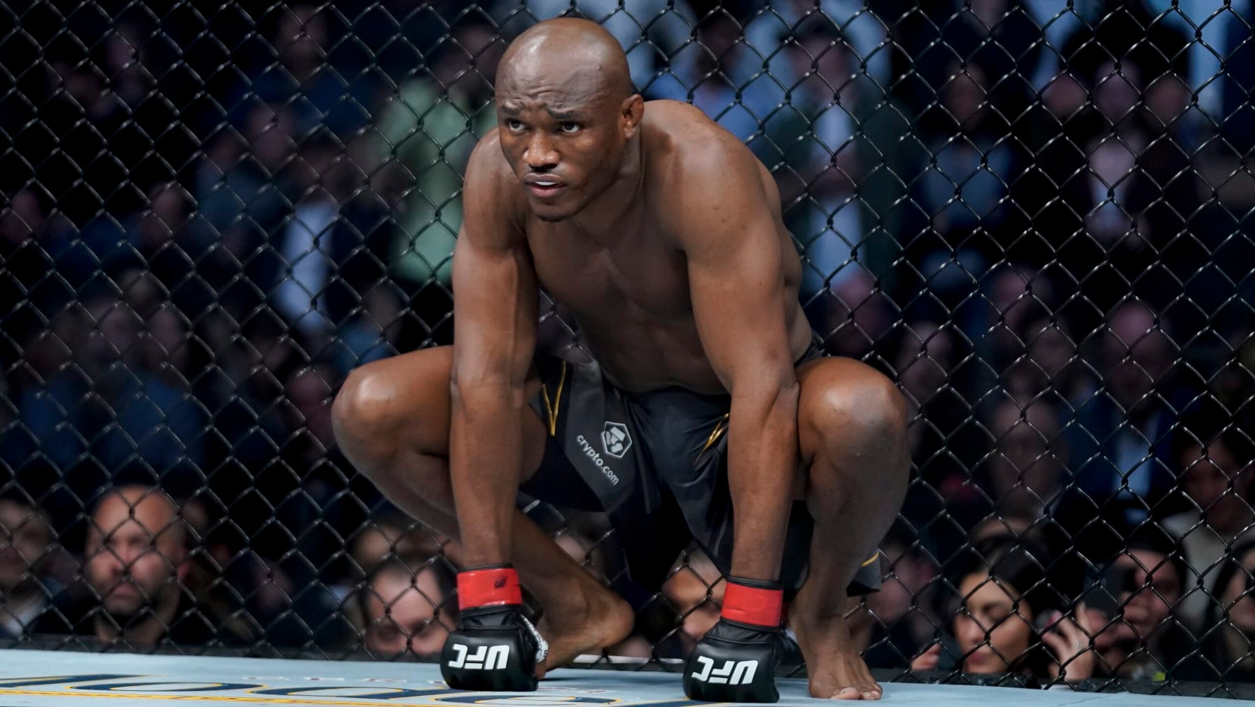 Kamaru Usman before fighting against Colby Covington in a welterweight mixed martial arts championship bout at UFC 268, Sunday, Nov. 7, 2021, in New York. (AP Photo/Corey Sipkin)